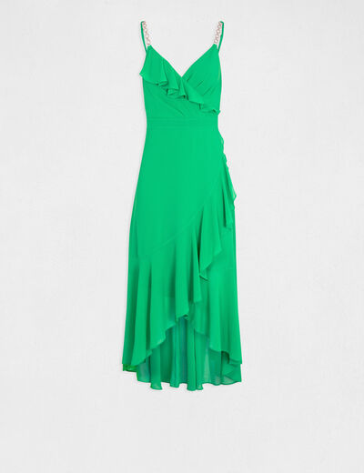 Lange uitlopende jurk met ruches groen vrouw