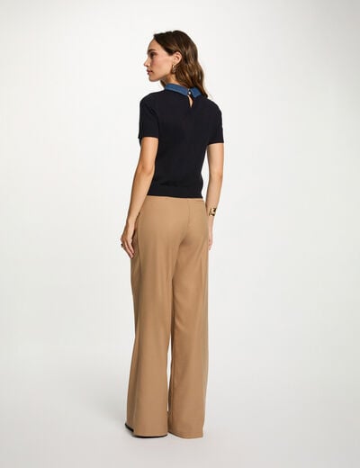 Pull court col chemise bleu marine femme