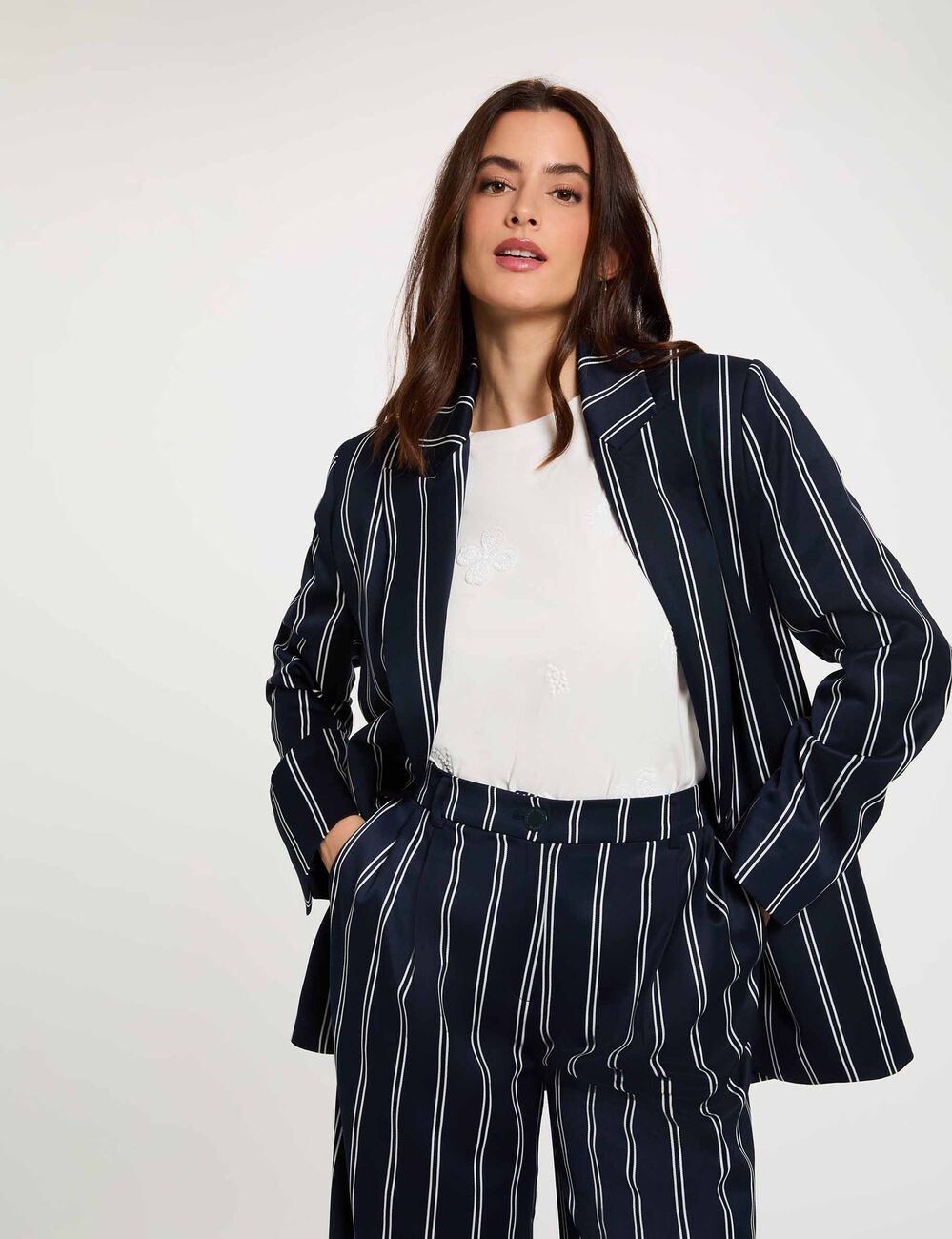 Gestreepte blazer met reverskraag marineblauw vrouw
