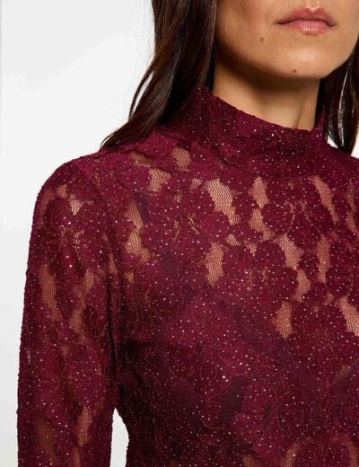 T-shirt dentelle ajour&eacute; prune femme
