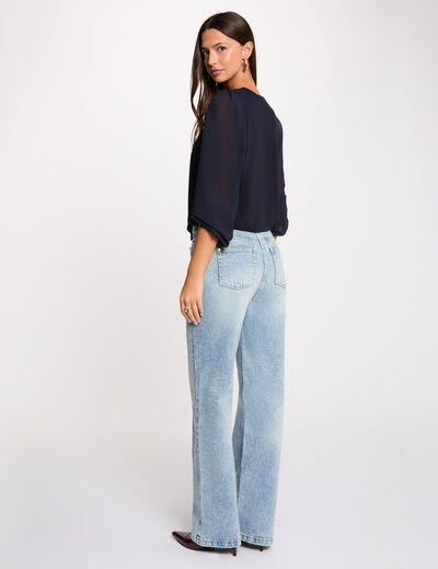 T-shirt voile col lavalli&egrave;re bleu marine femme