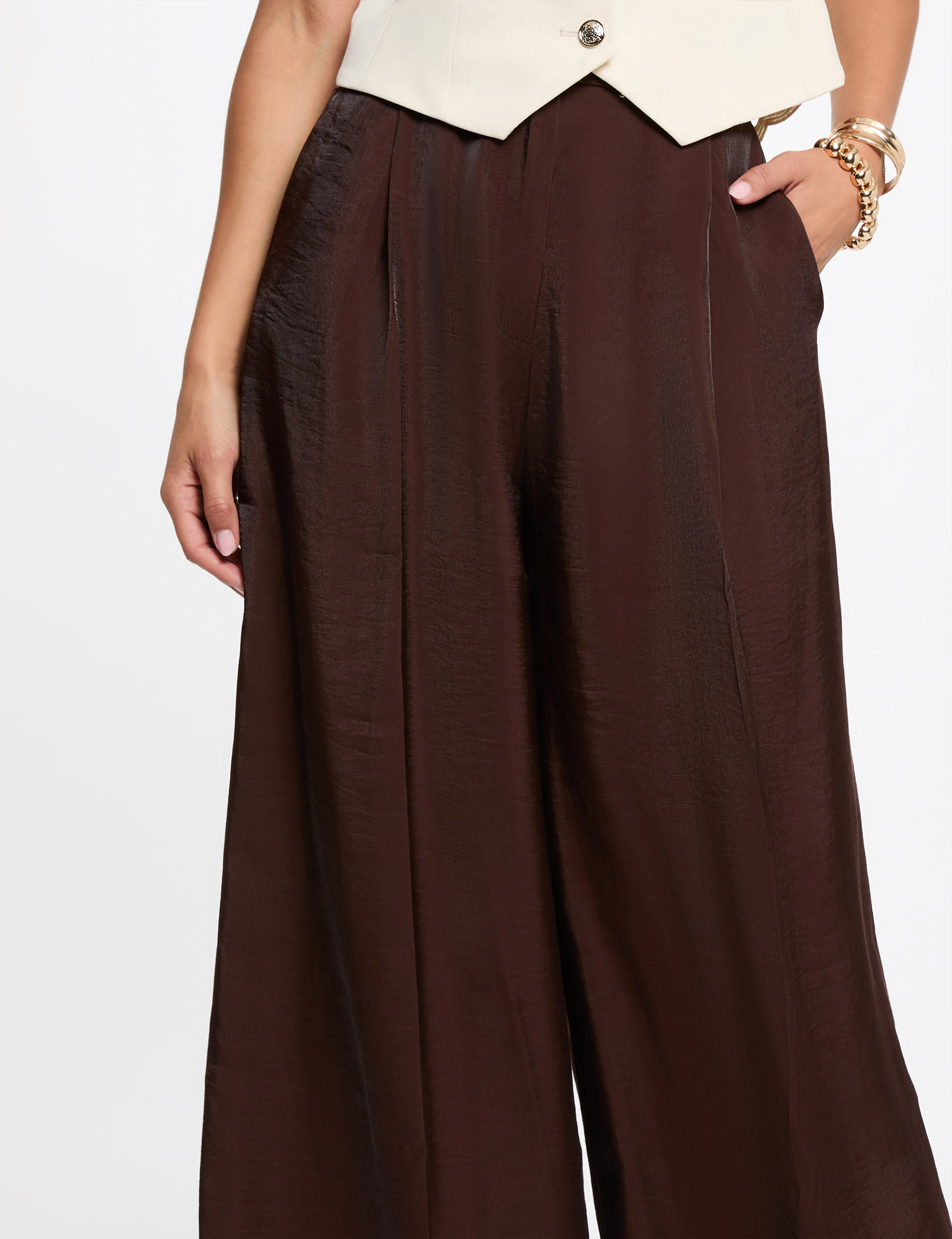 Pantalon large taille haute marron fonc&eacute; femme