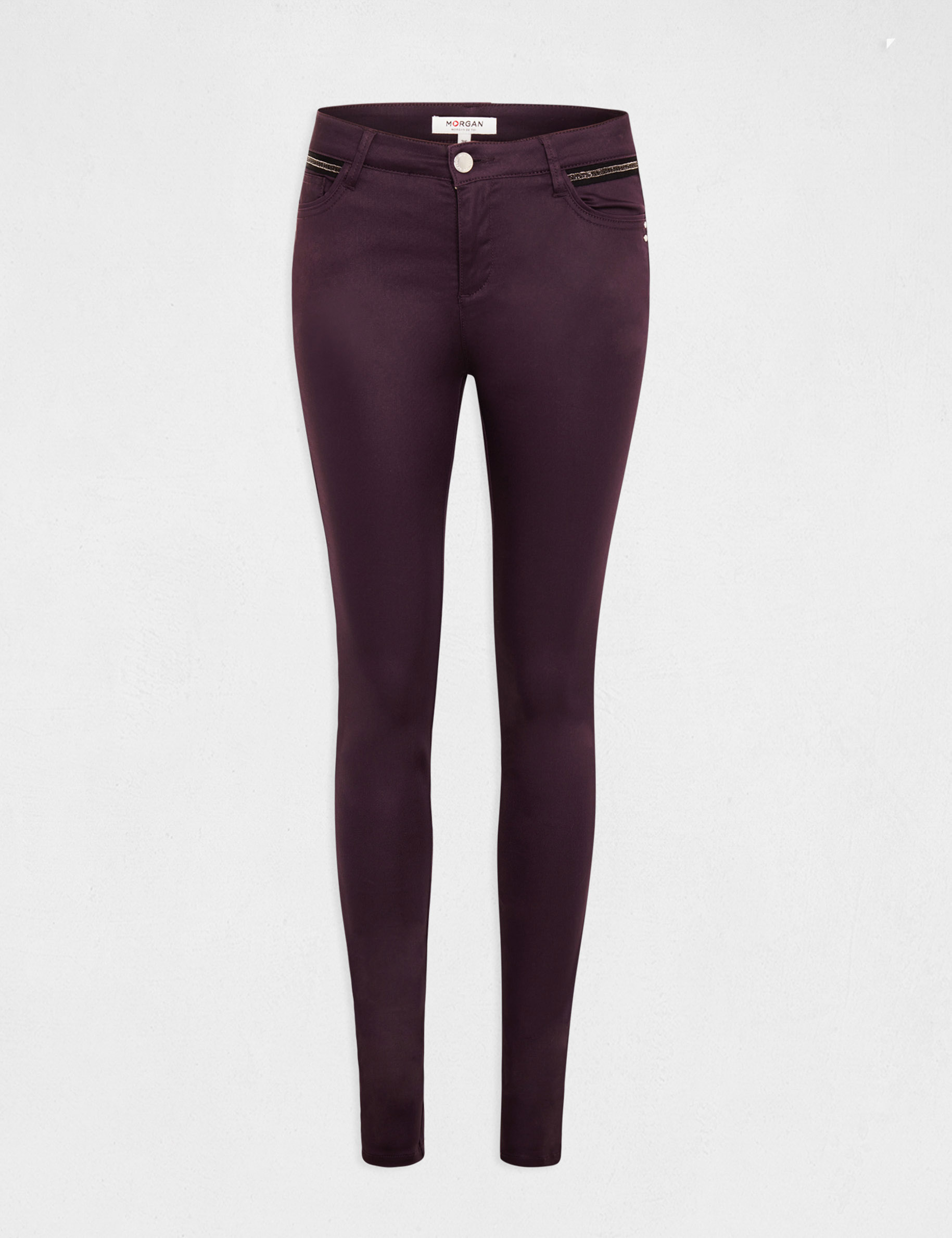 Gecoate skinny broek met juweeldetails pruim vrouw
