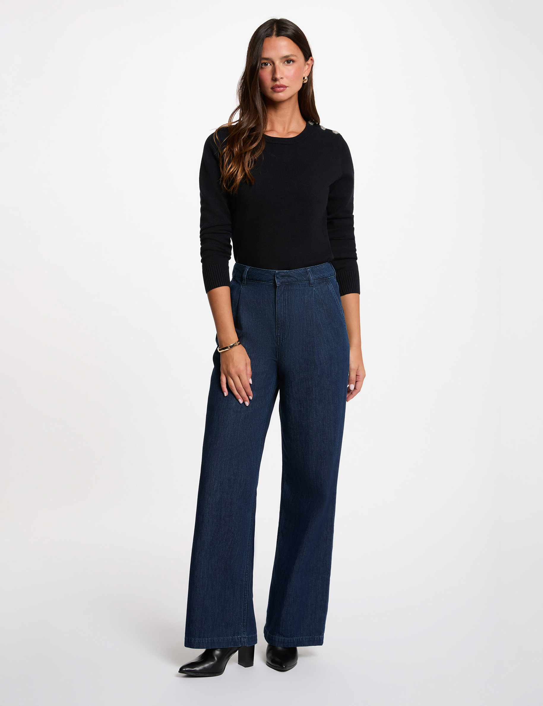 Pull col rond boutons bleu marine femme