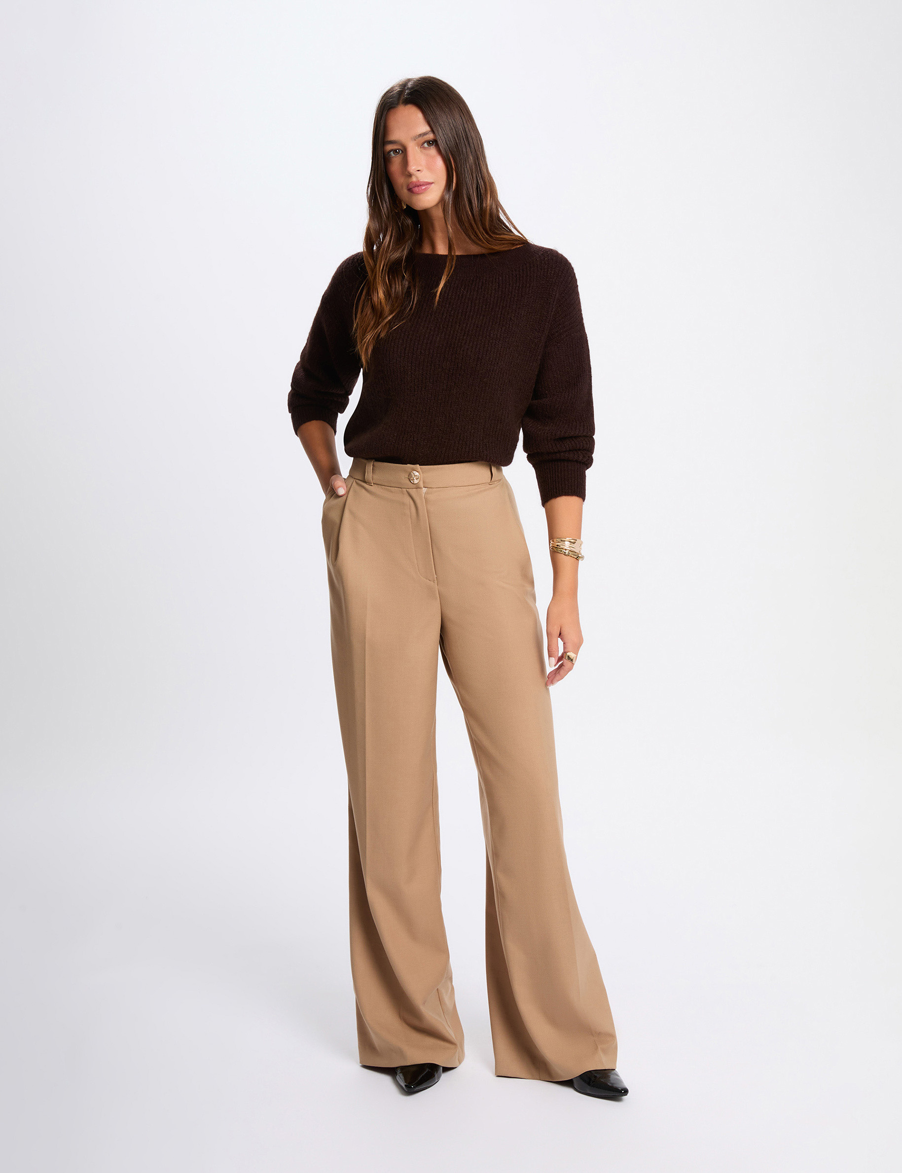 Pull col rond marron foncé femme