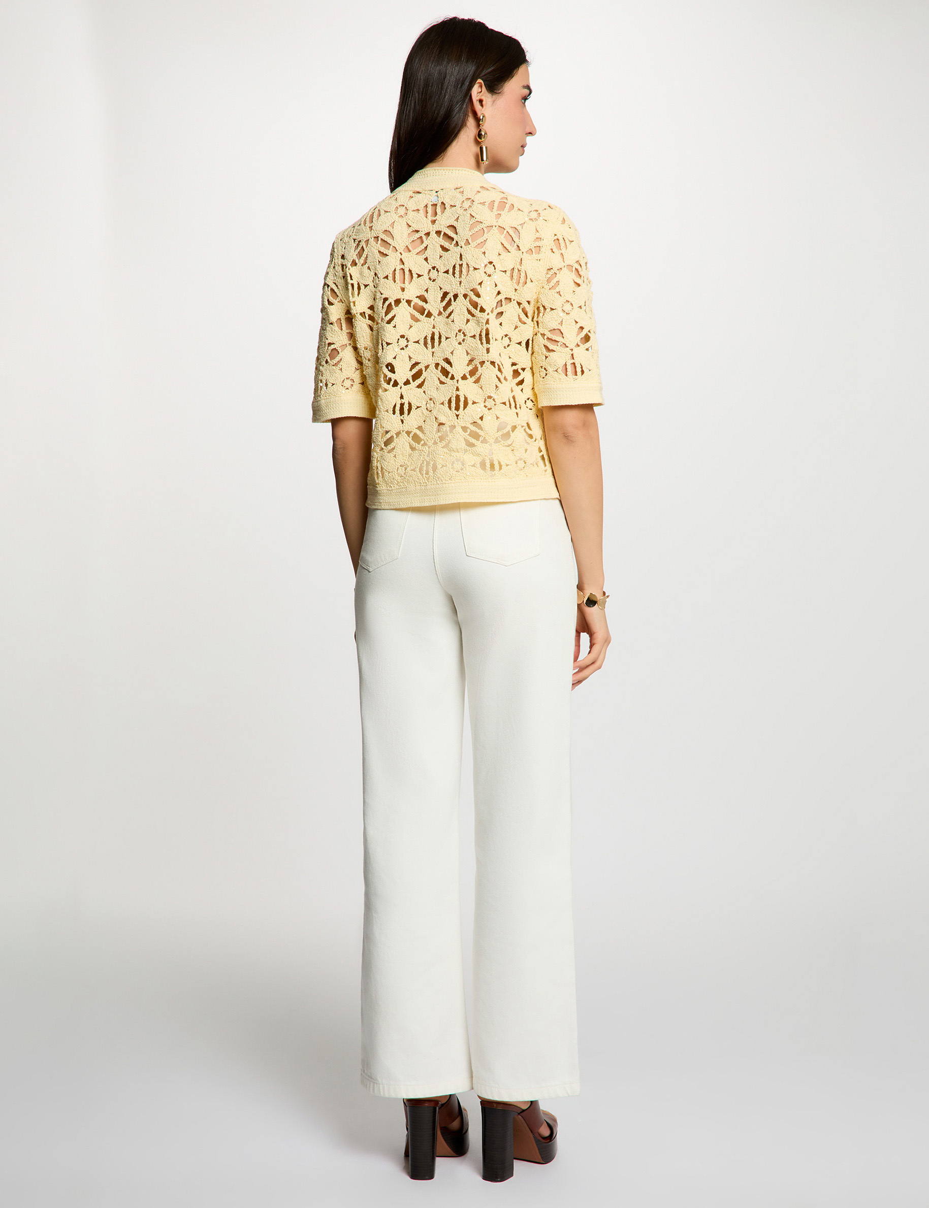 Opengewerkt vest met ronde hals pastel geel vrouw