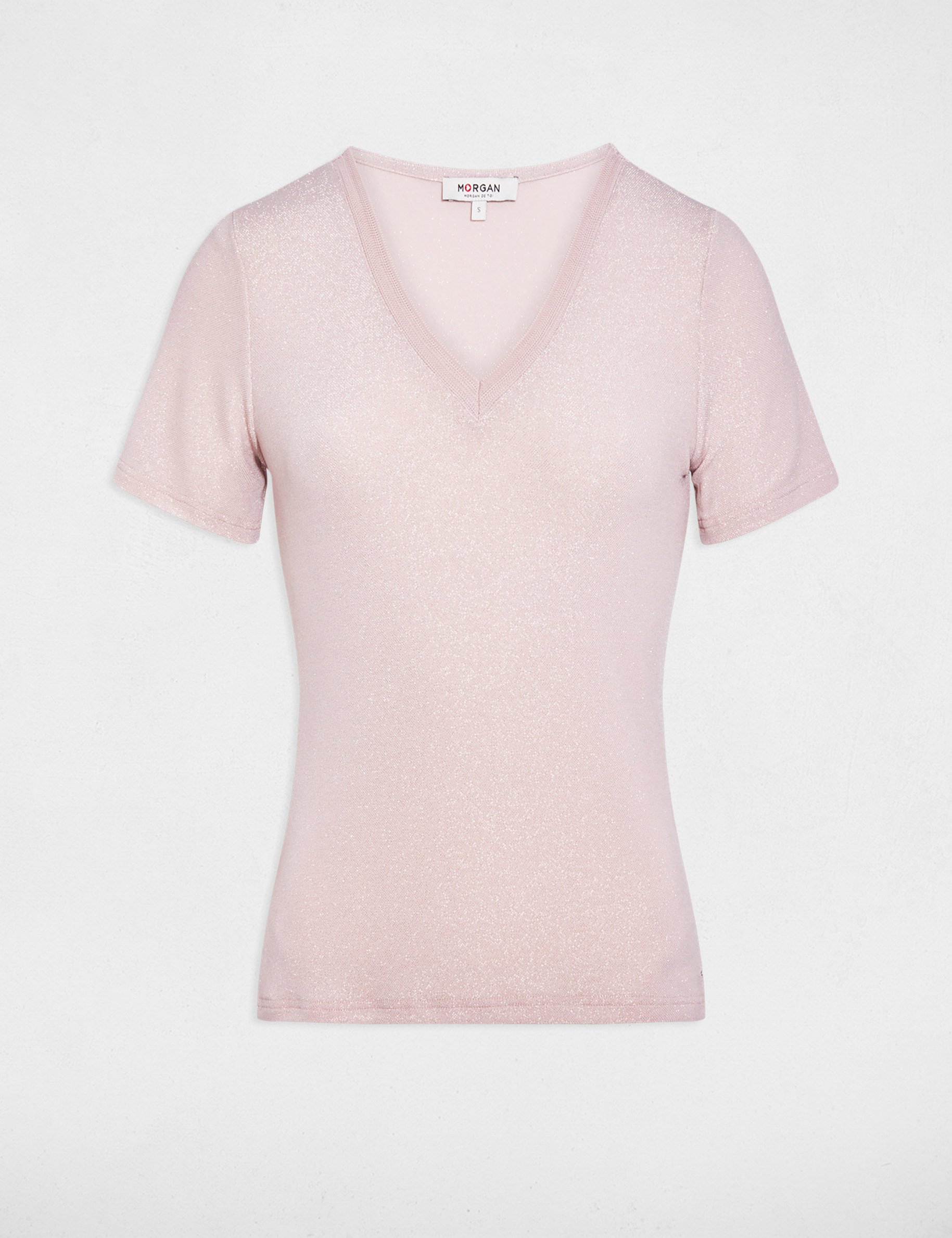 T-shirt manches courtes avec col en V rose clair femme