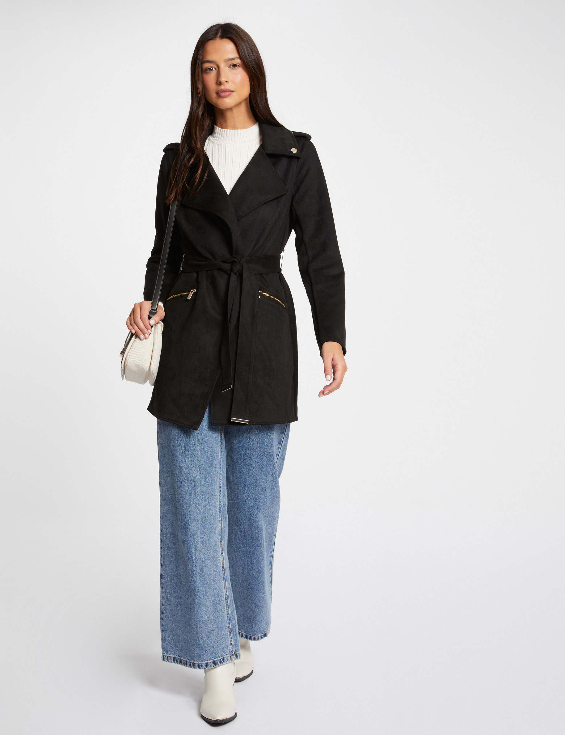 suede lange jas met riem zwart vrouw Suède lange jas met riem zwart vrouw