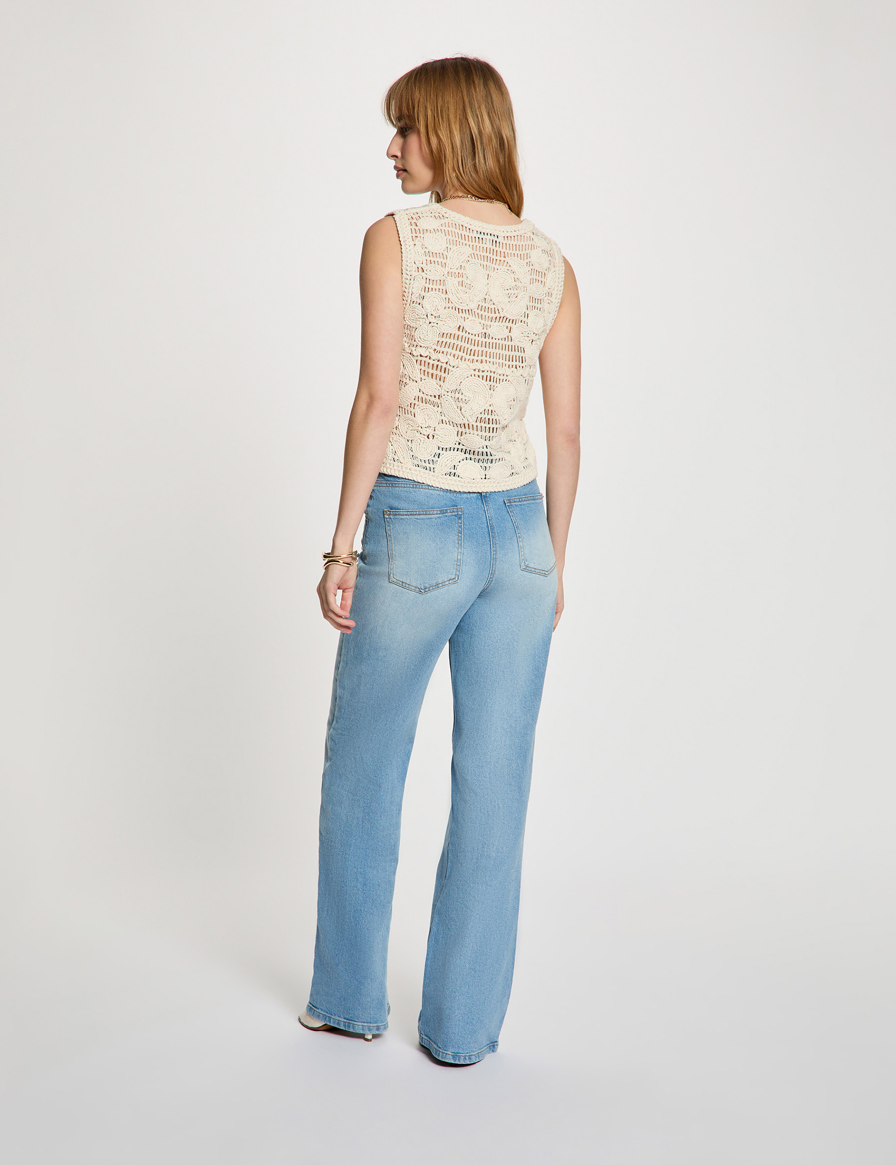 Mouwloos vest met V-hals ivoor vrouw