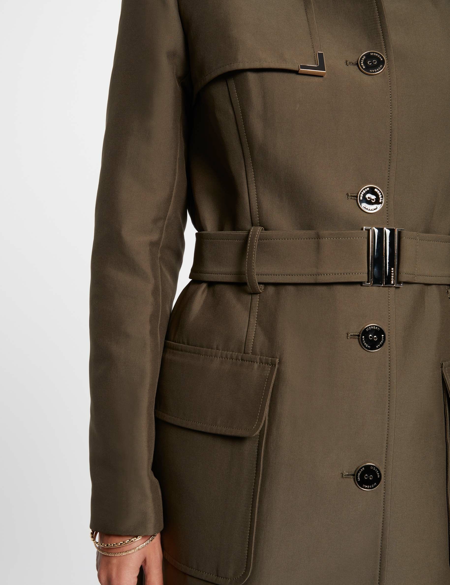 Trench long ceintur&eacute; vert kaki femme