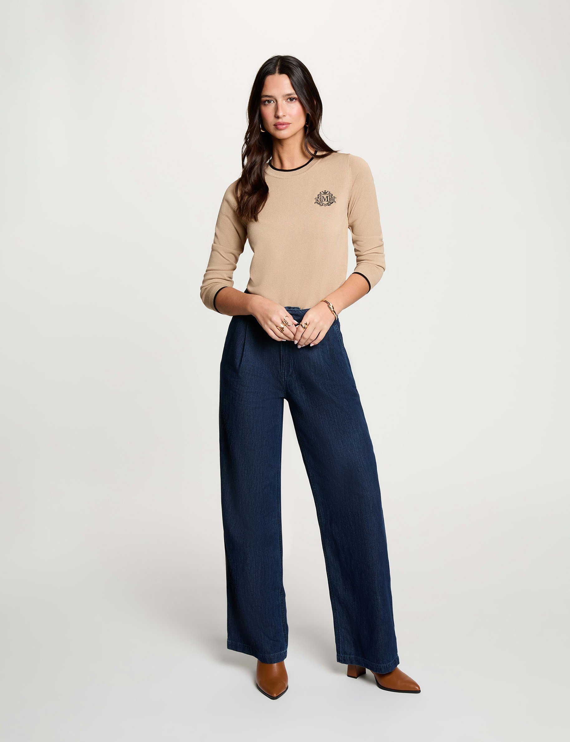 Trui met ronde hals en lange mouwen beige vrouw