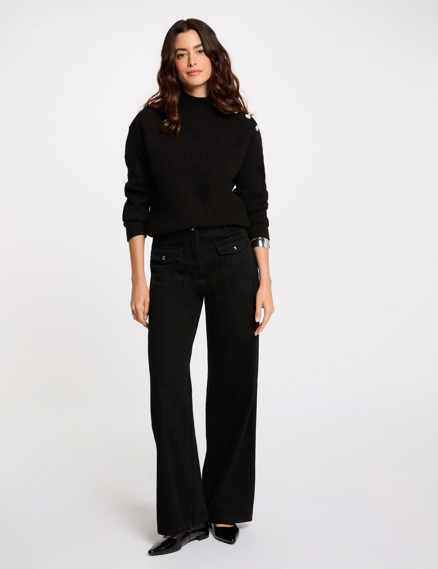 Pull manches longues avec boutons noir femme