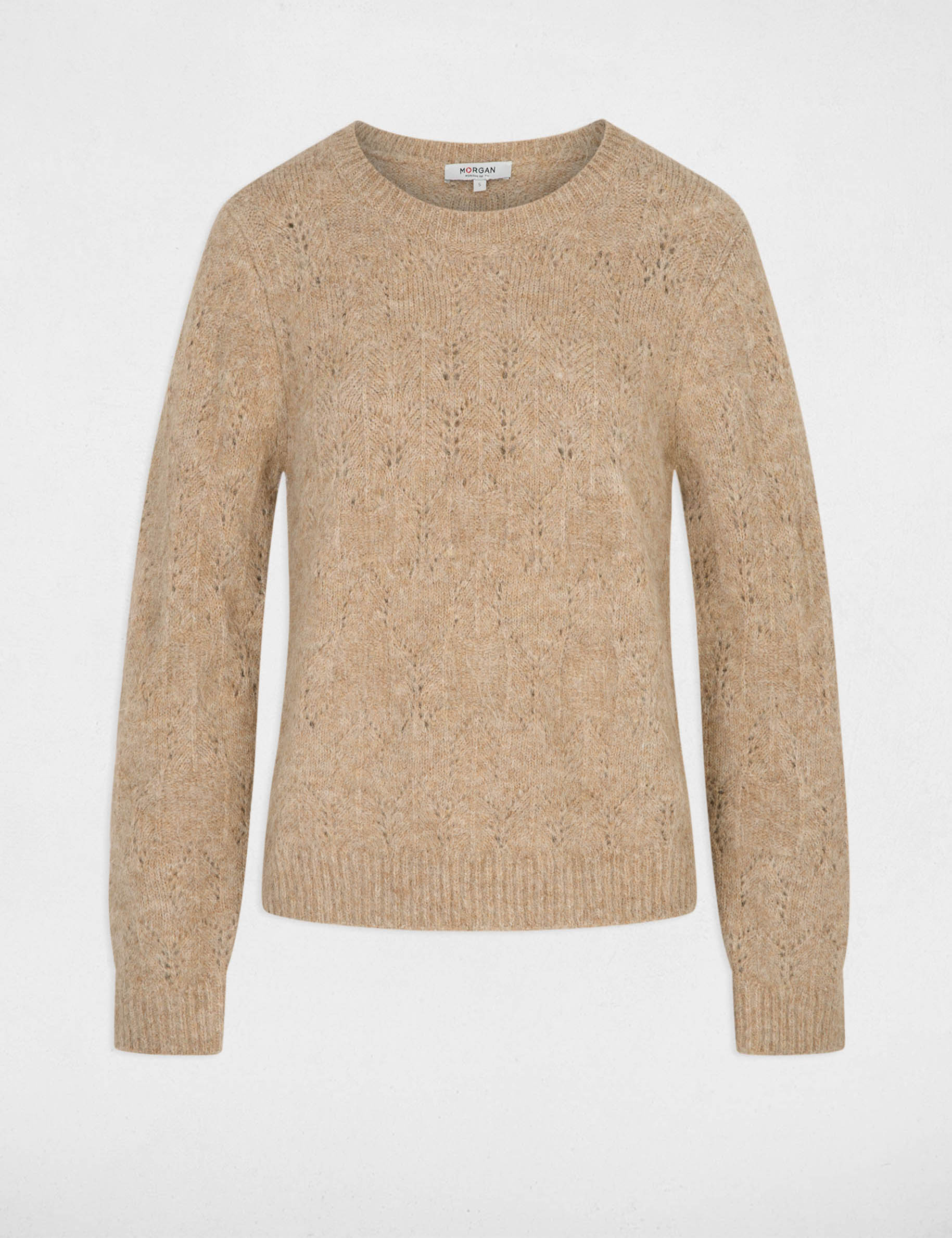 Pull ajour&eacute; col rond beige femme
