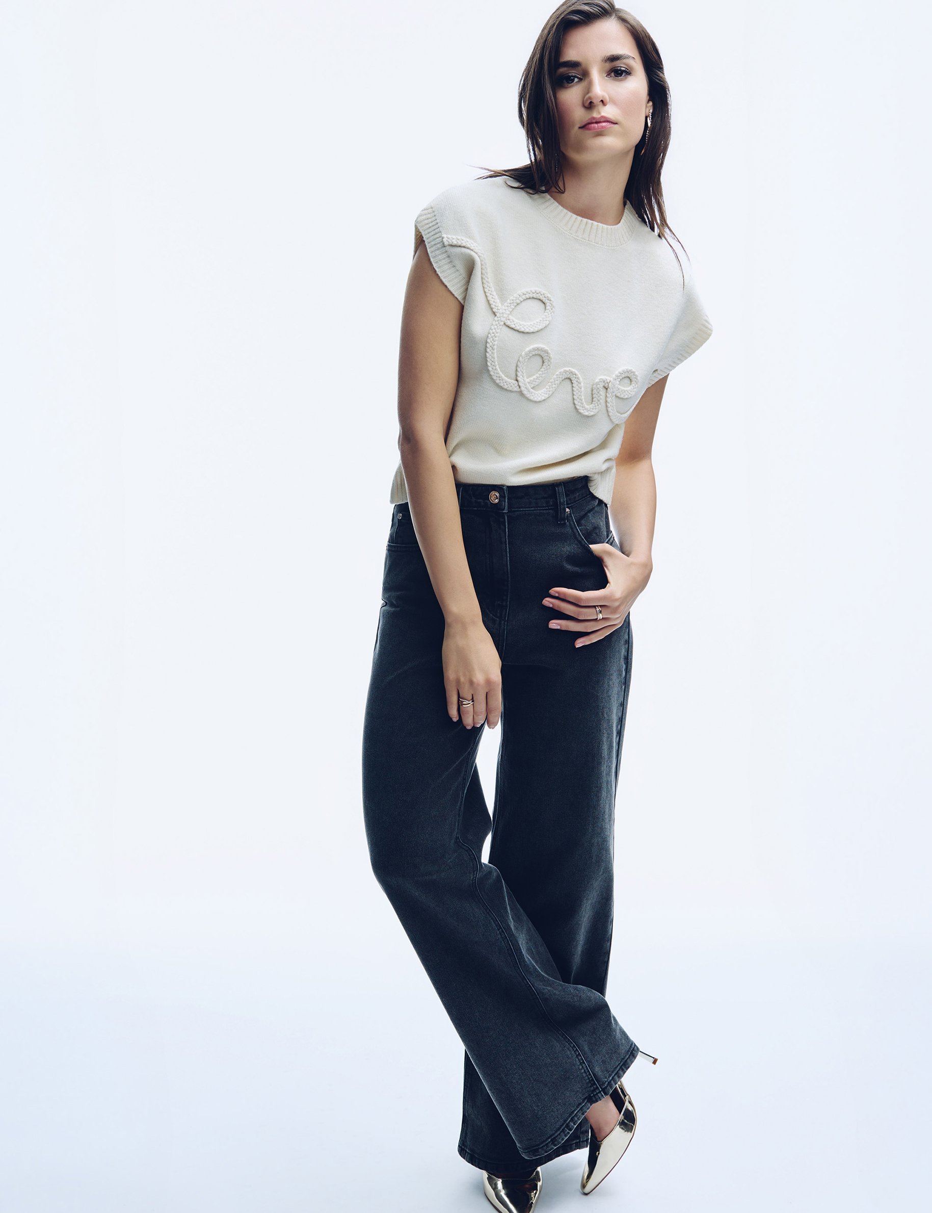 Jean large taille haute denim noir femme