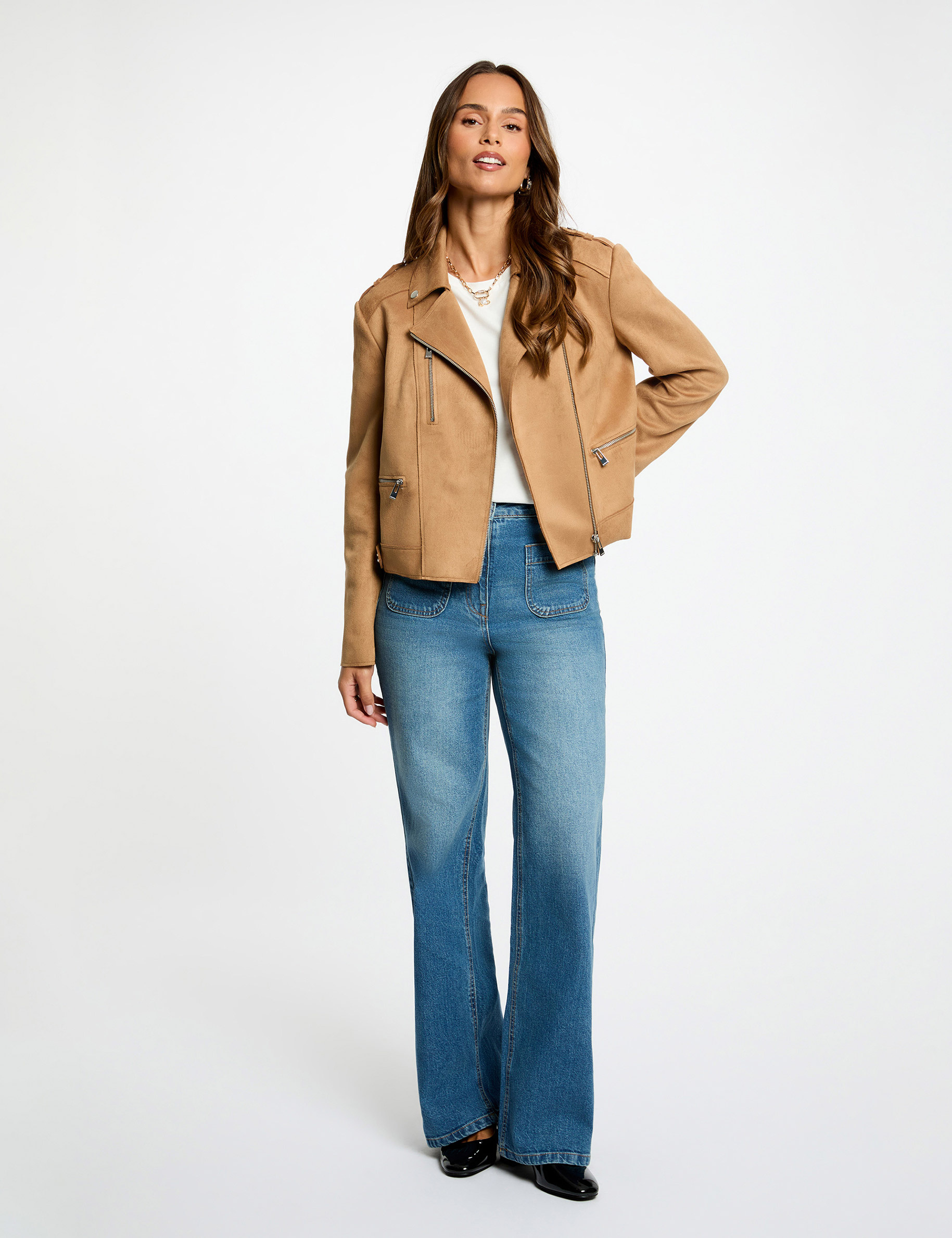 Veste courte su&eacute;dine marron cognac femme