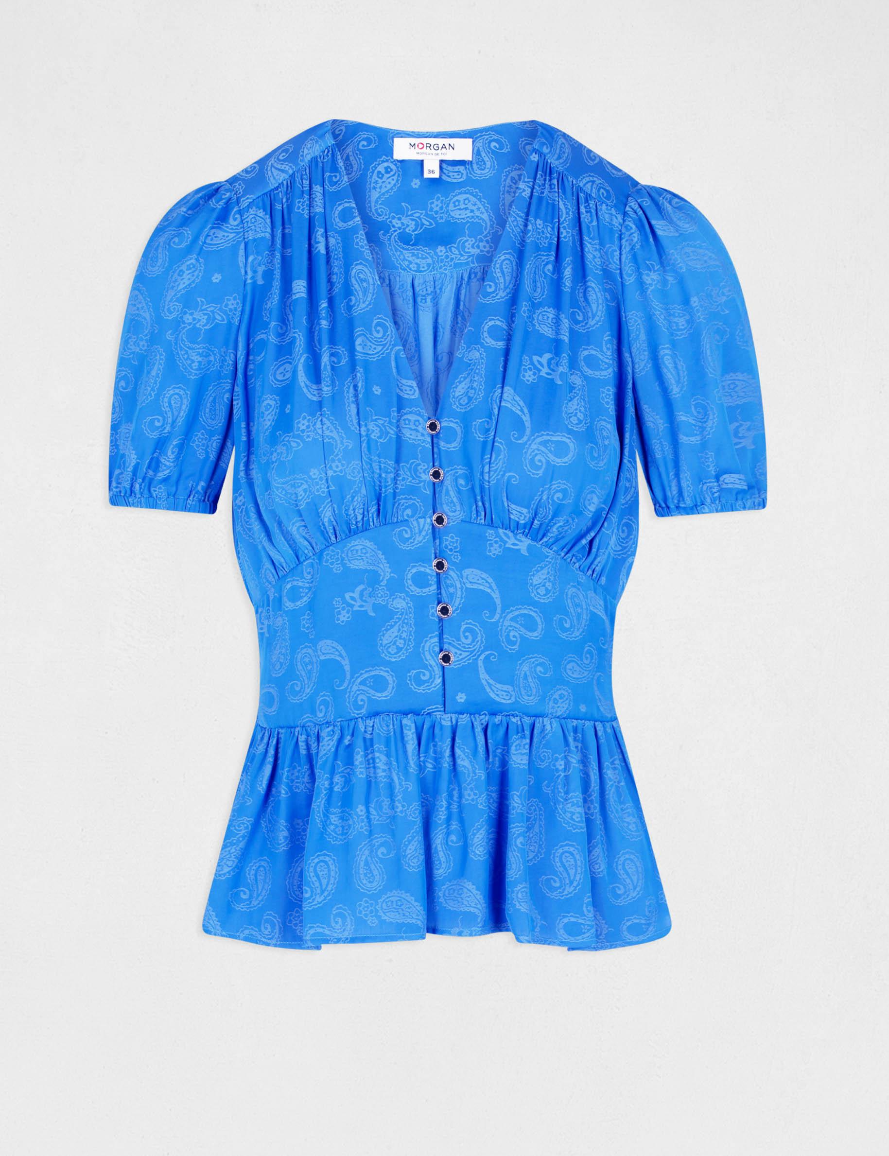 Blouse met paisleyprint met korte mouwen blauw vrouw Blouse met paisleyprint met korte mouwen blauw vrouw