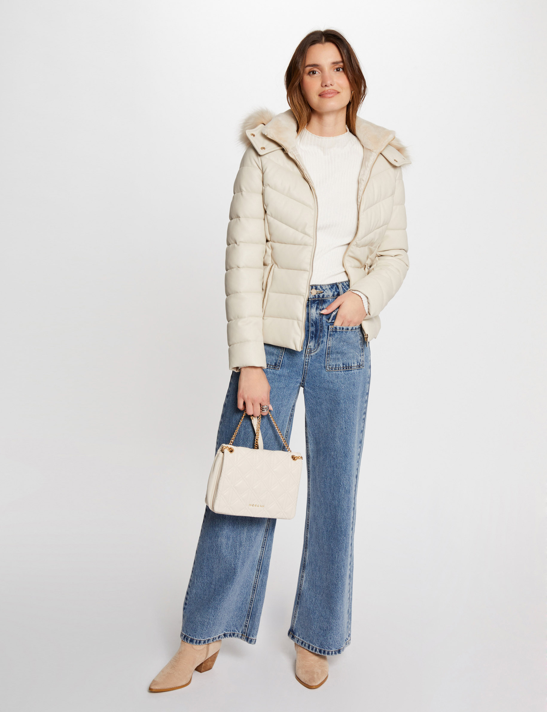 doudoune simili cuir capuche ivoire femme Doudoune simili cuir capuche ivoire femme