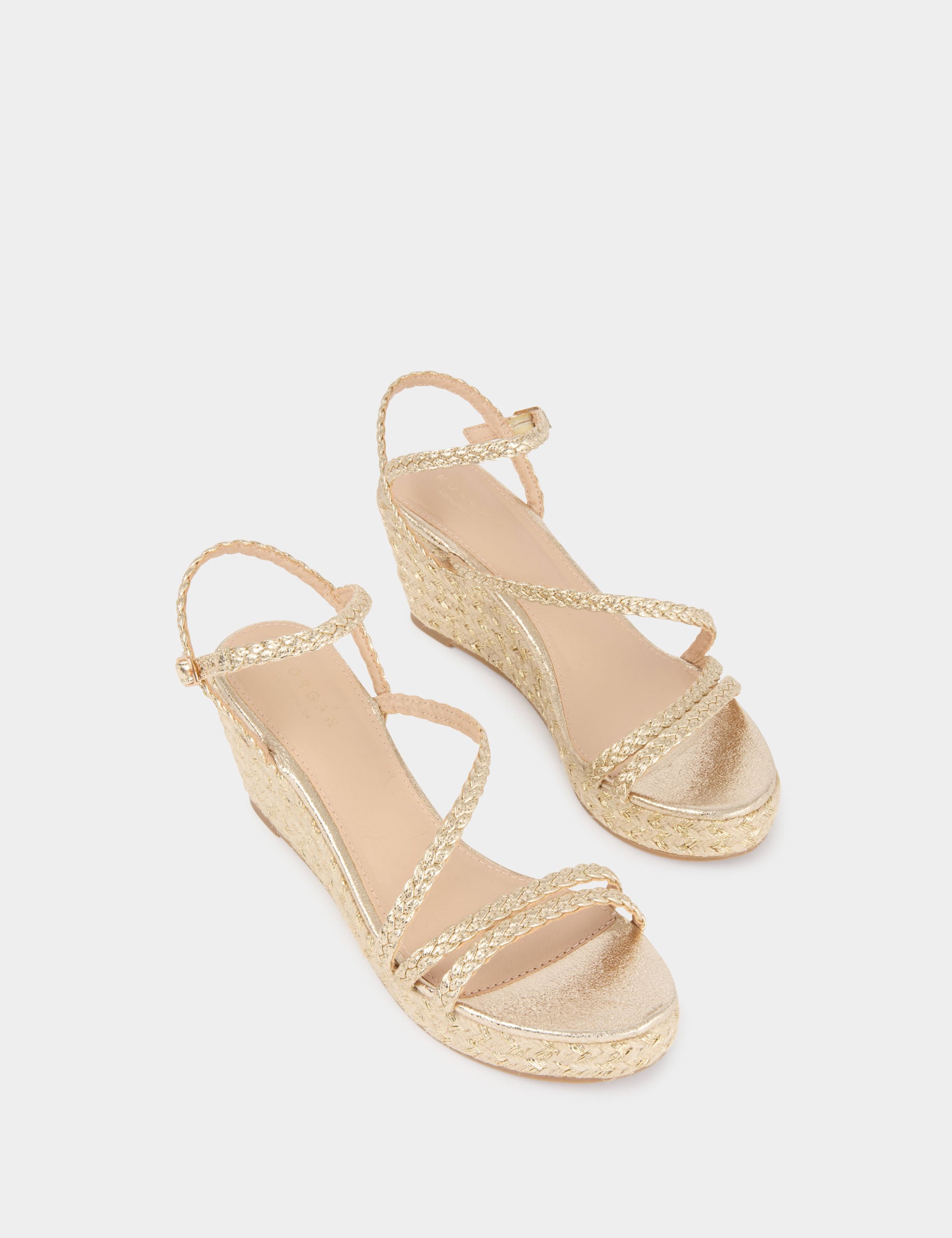 Sandale compens&eacute;e tress&eacute;e jaune or femme