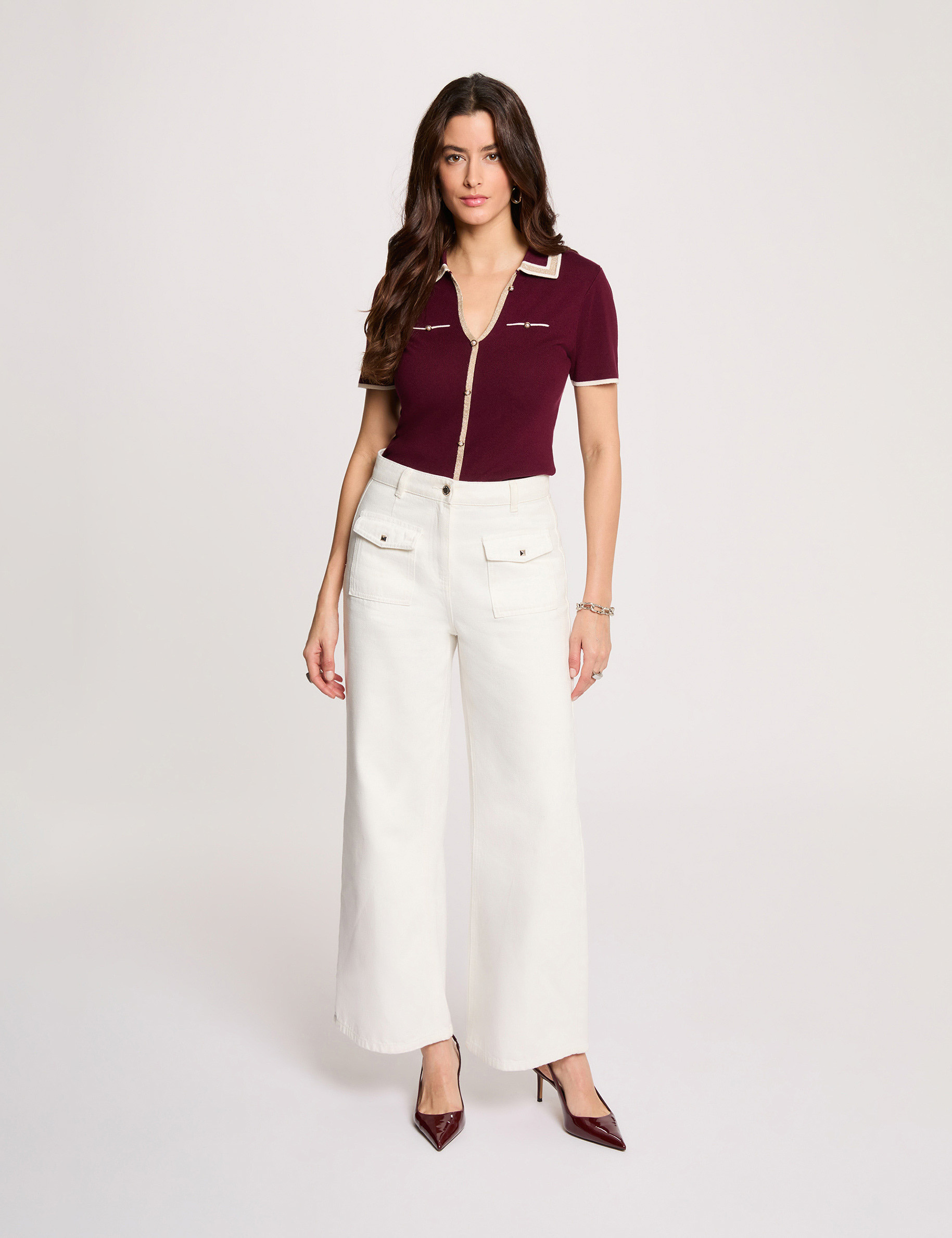 Pull col polo manches courtes prune femme