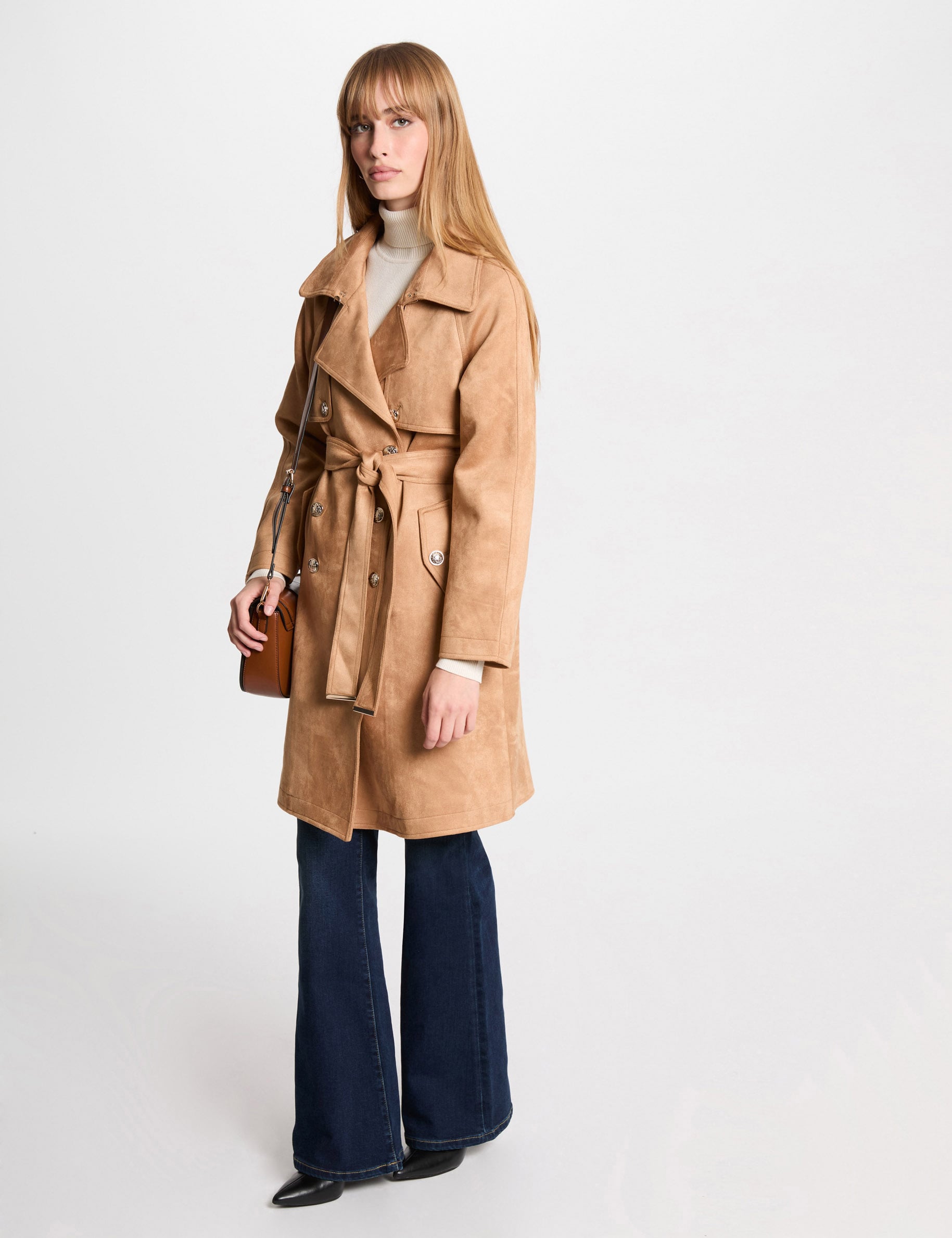 Trench long su&eacute;dine marron clair femme