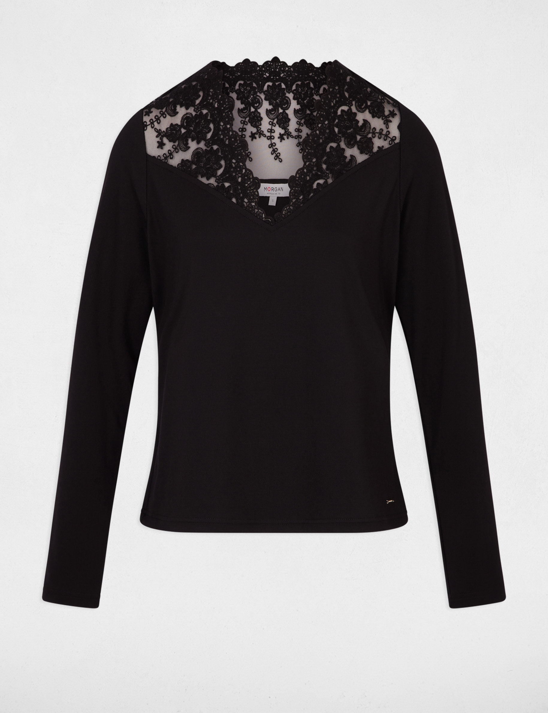 T-shirt met V-hals en kant zwart vrouw
