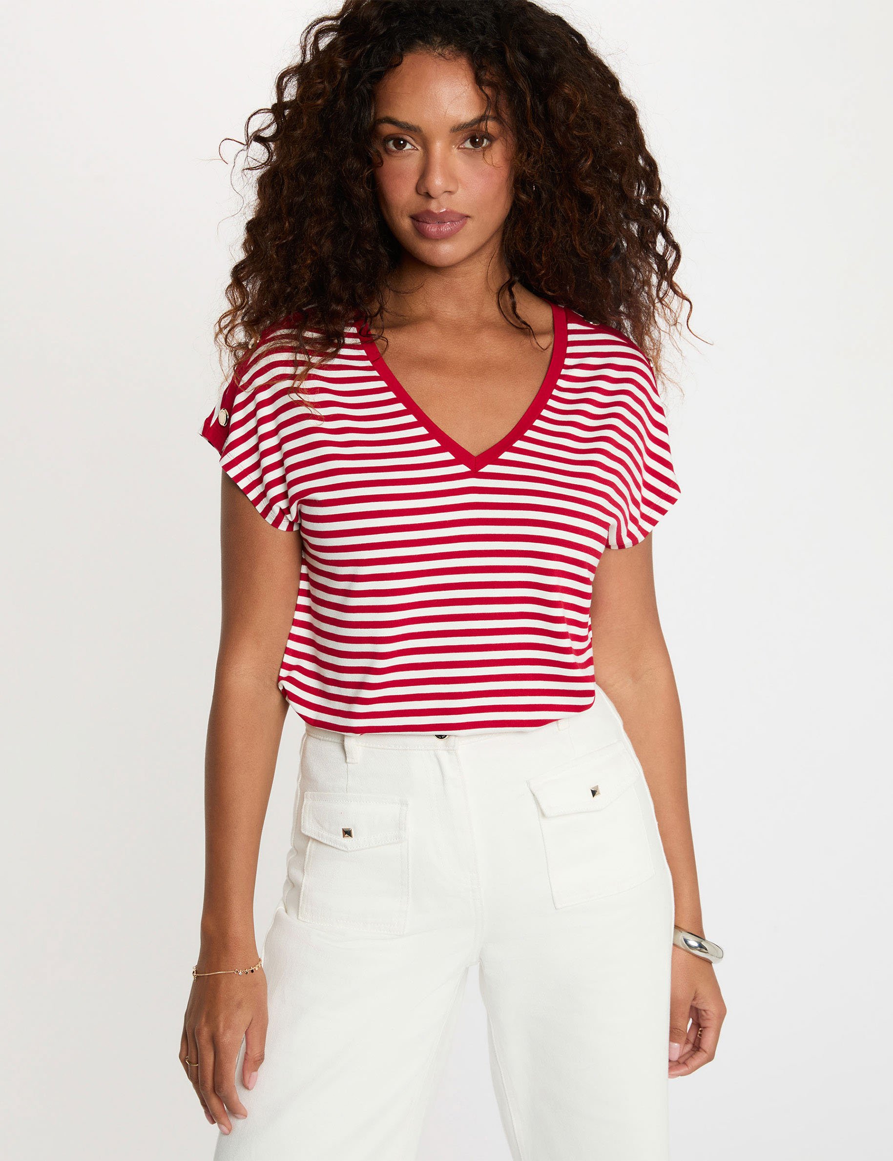 Gestreept V-hals T-shirt helder wit vrouw