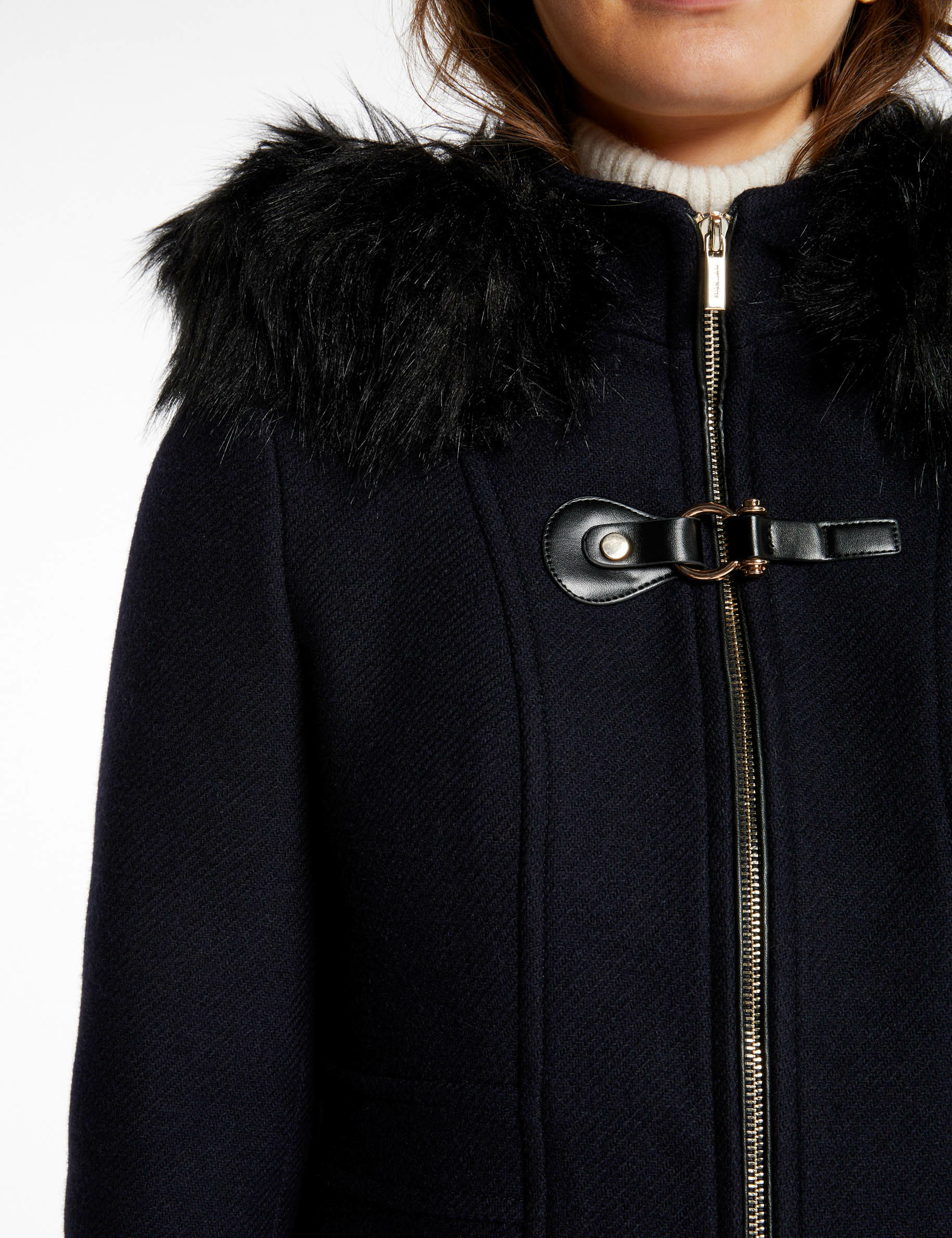 Manteau droit zippé à capuche marine femme