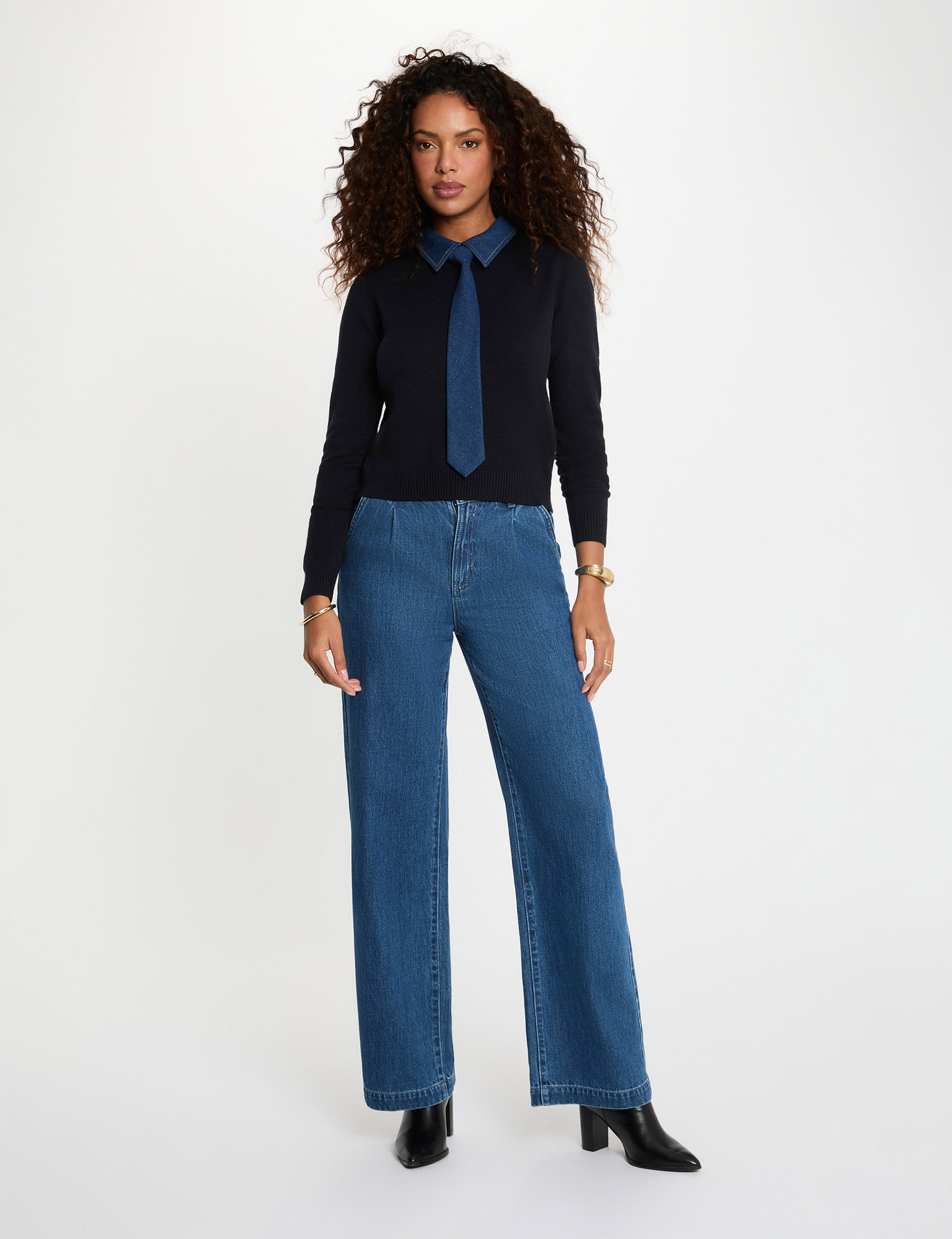 Pull col &agrave; revers bleu marine femme