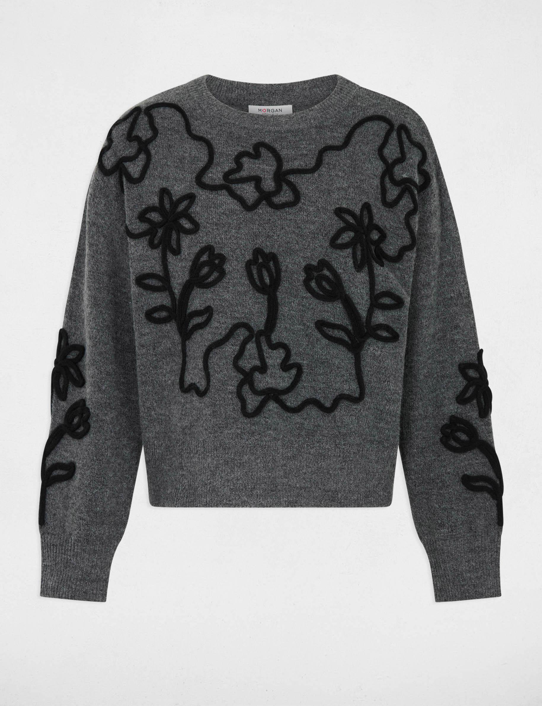 Pull col rond fantaisie gris fonc&eacute; femme