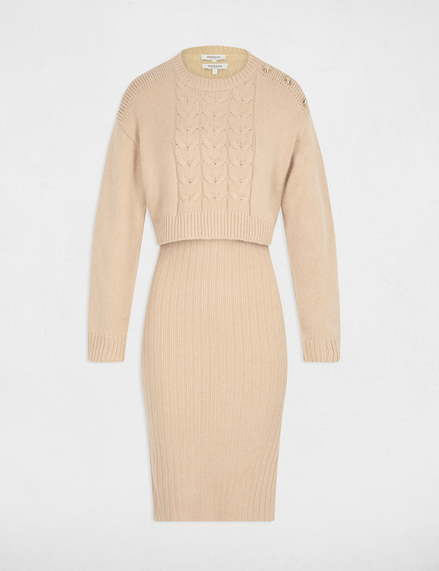 Robe tricot ajustée 2-en-1 beige femme