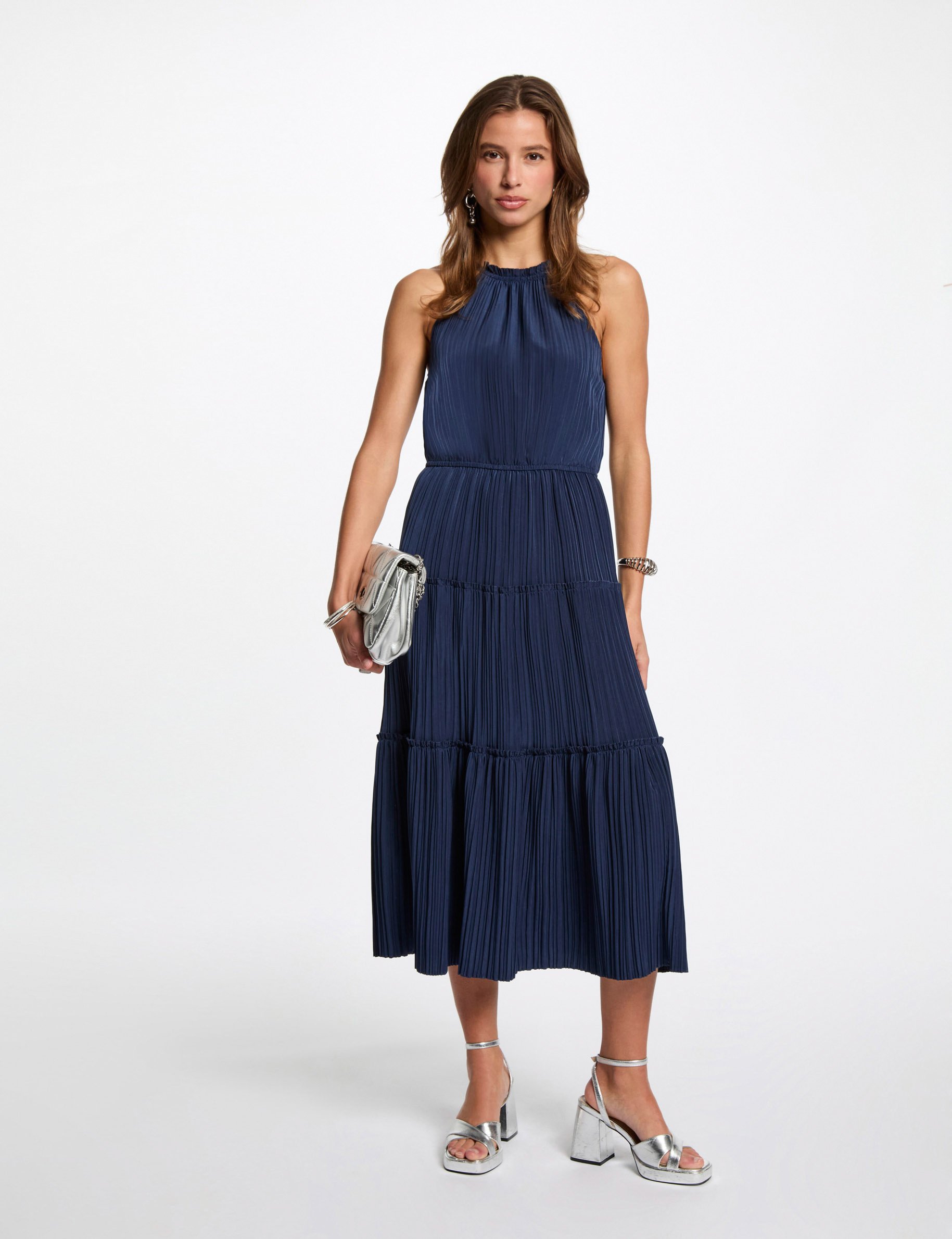 rechte midi jurk met satijnen effect bleu petrole vrouw Rechte midi-jurk met satijnen effect bleu pétrole vrouw