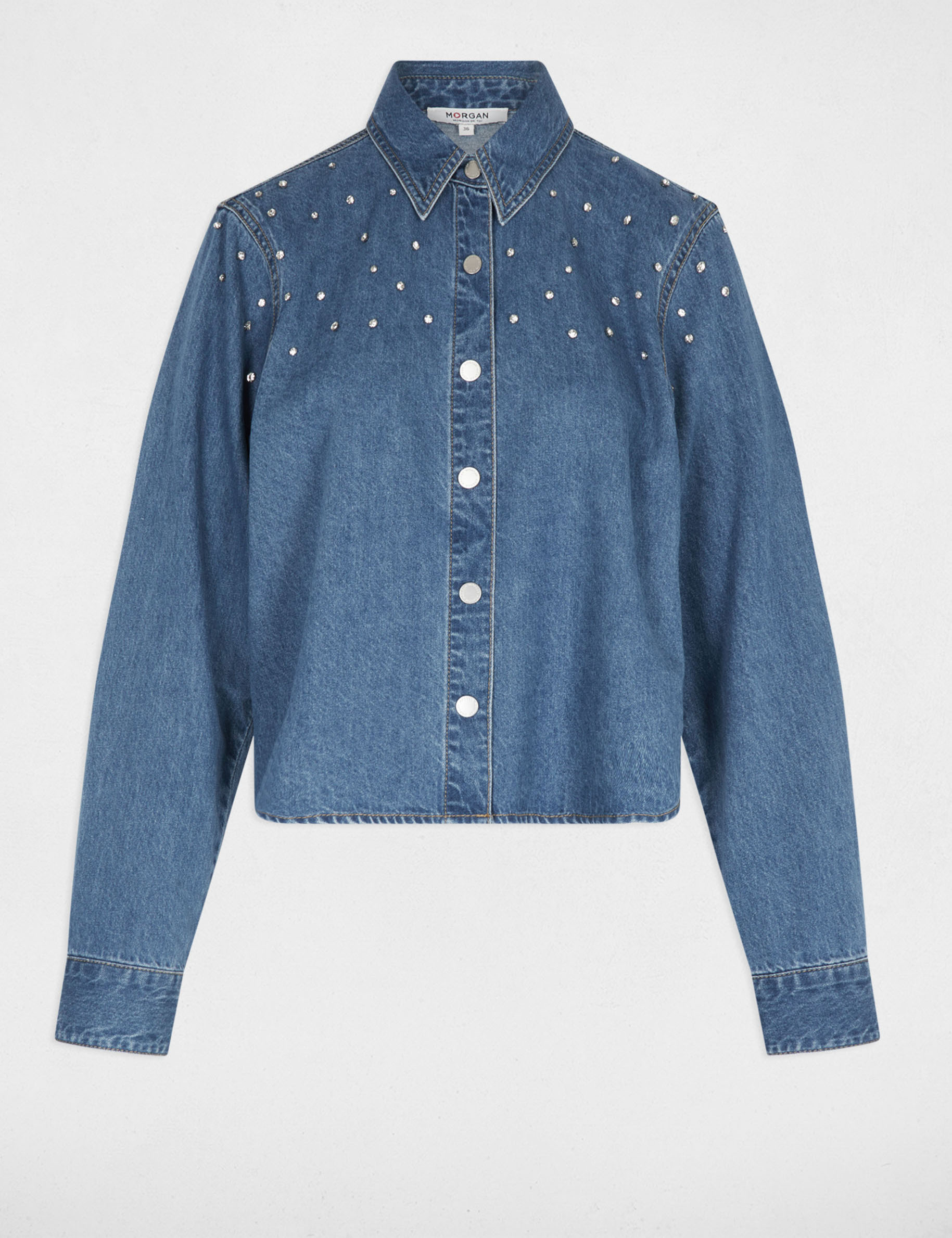 korte blouse met steentjes stone washed denim vrouw Korte blouse met steentjes stone washed denim vrouw