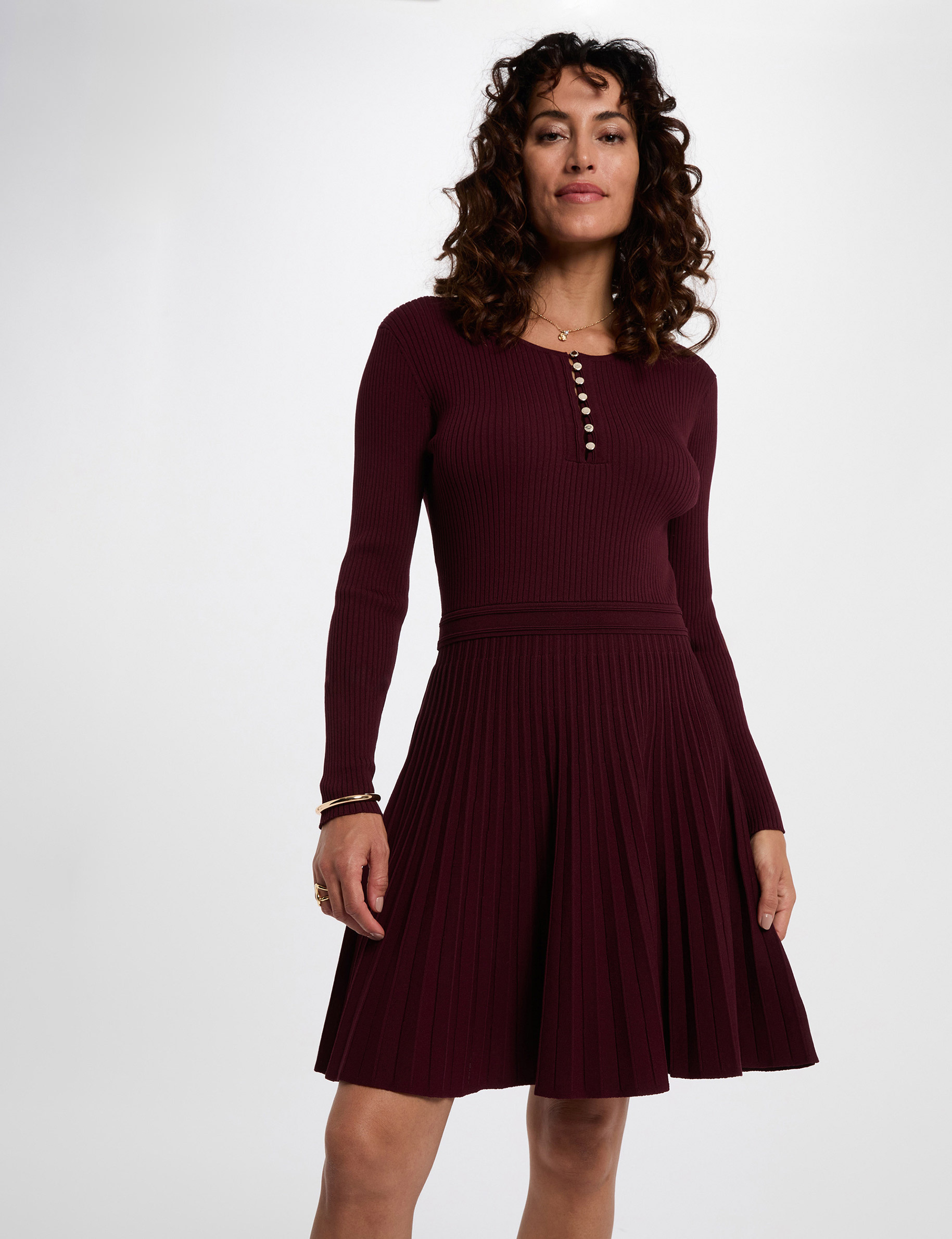 Robe tricot col rond prune femme