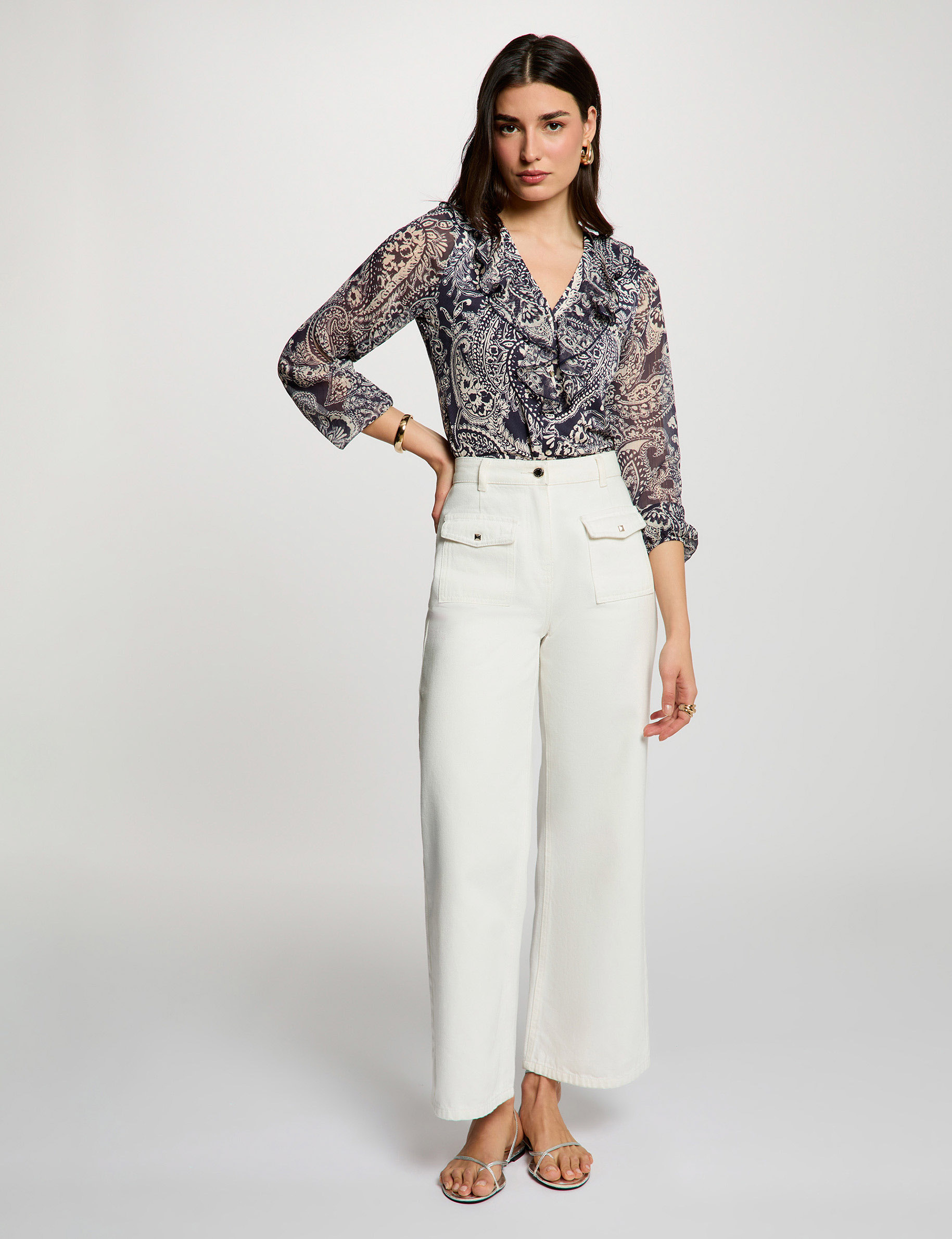 Voile blouse met v-hals helder wit vrouw