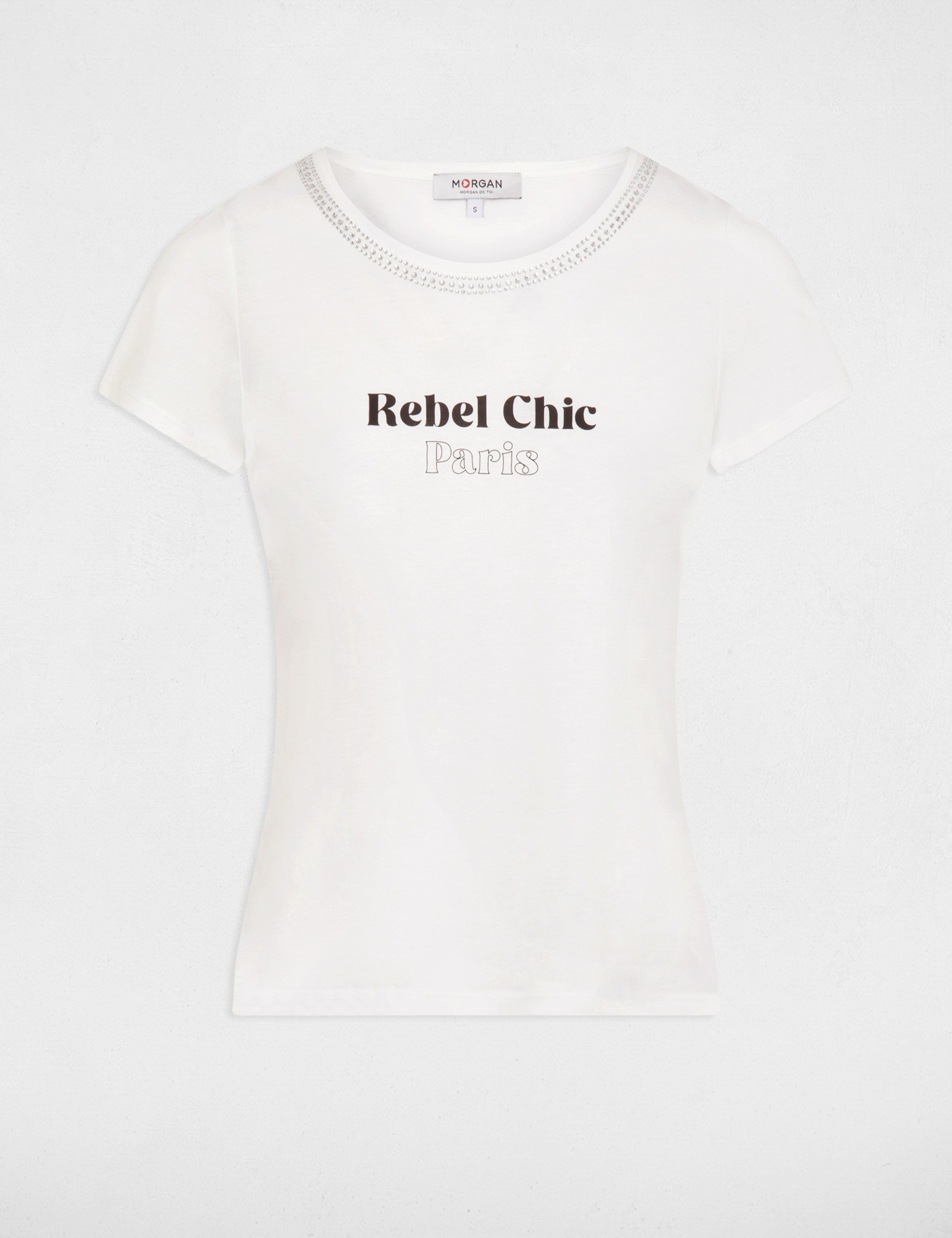 T-shirt inscription et strass ecru femme