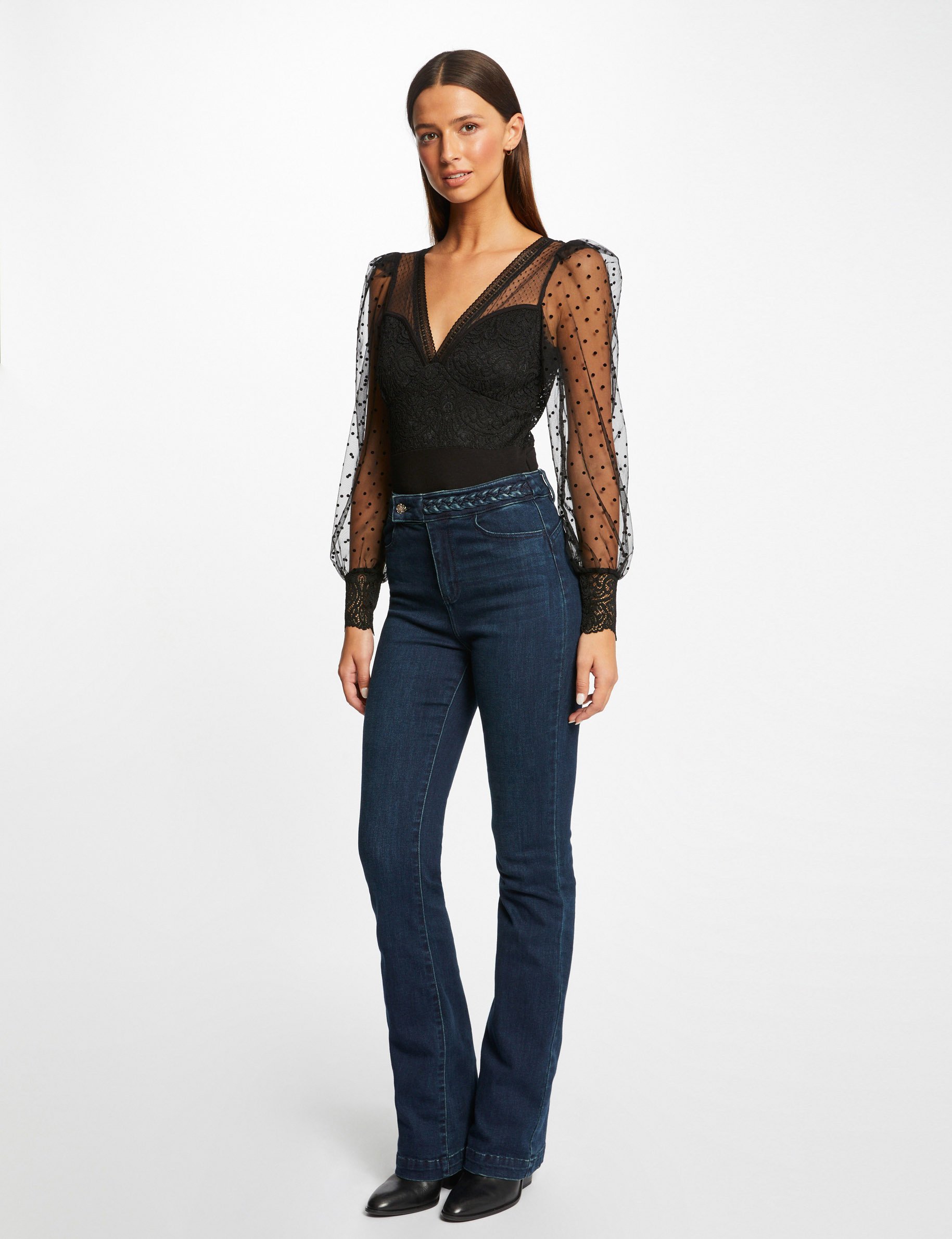 Body met lange mouwen in plumetiskant zwart vrouw