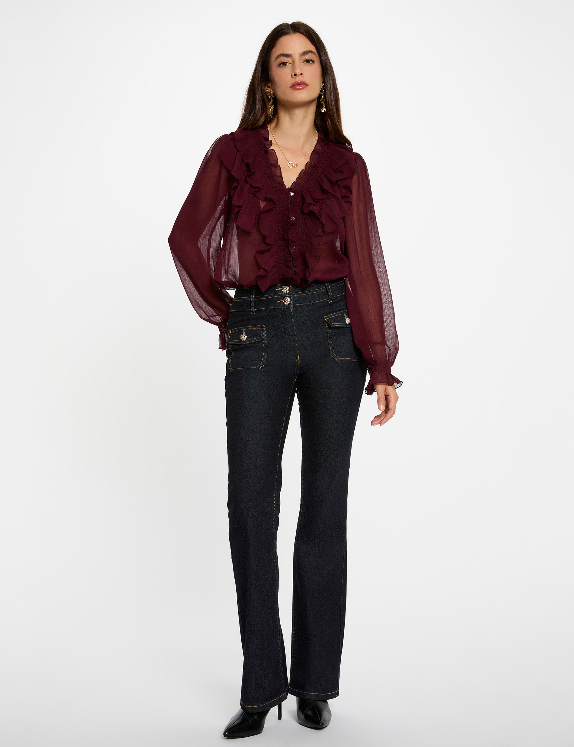 Chemise fluide col v prune femme
