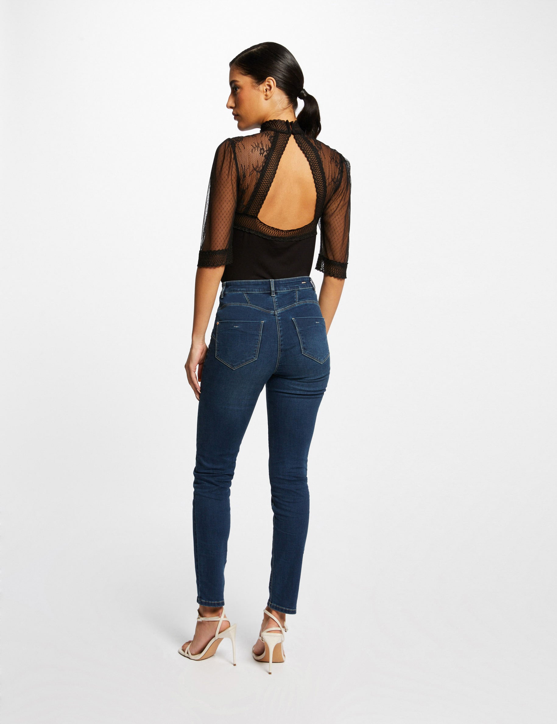 Body manches 3/4 &agrave; dentelle noir femme