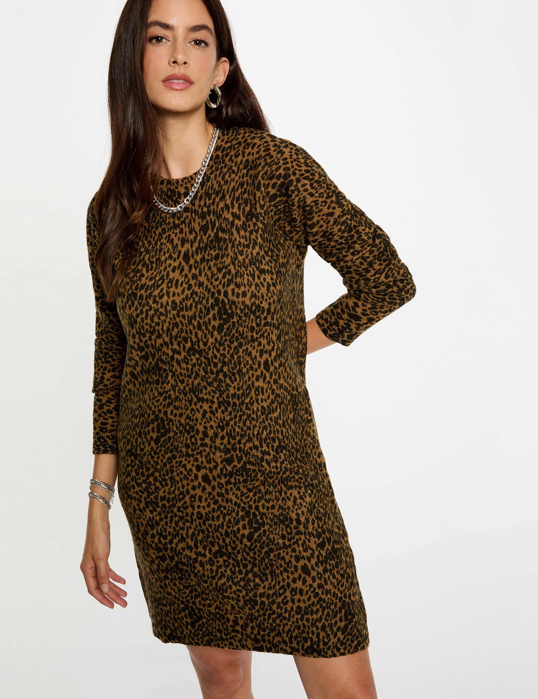 Robe tricot imprim&eacute; animal camel femme