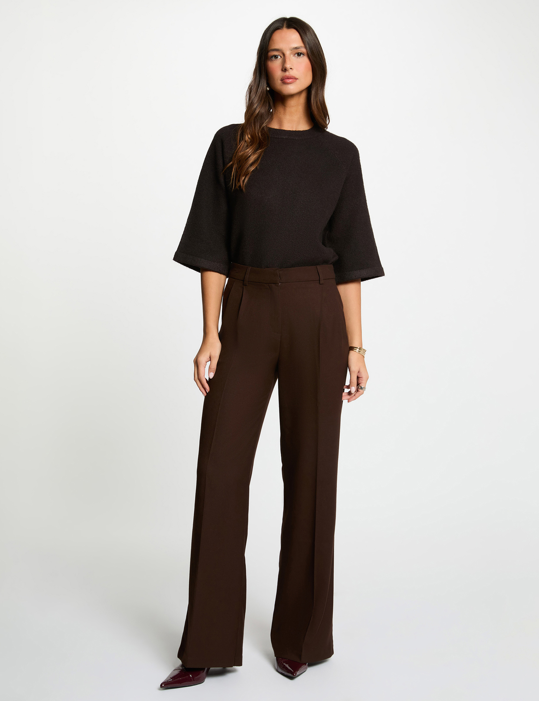 pantalon large taille haute marron fonce femme Pantalon large taille haute marron foncé femme
