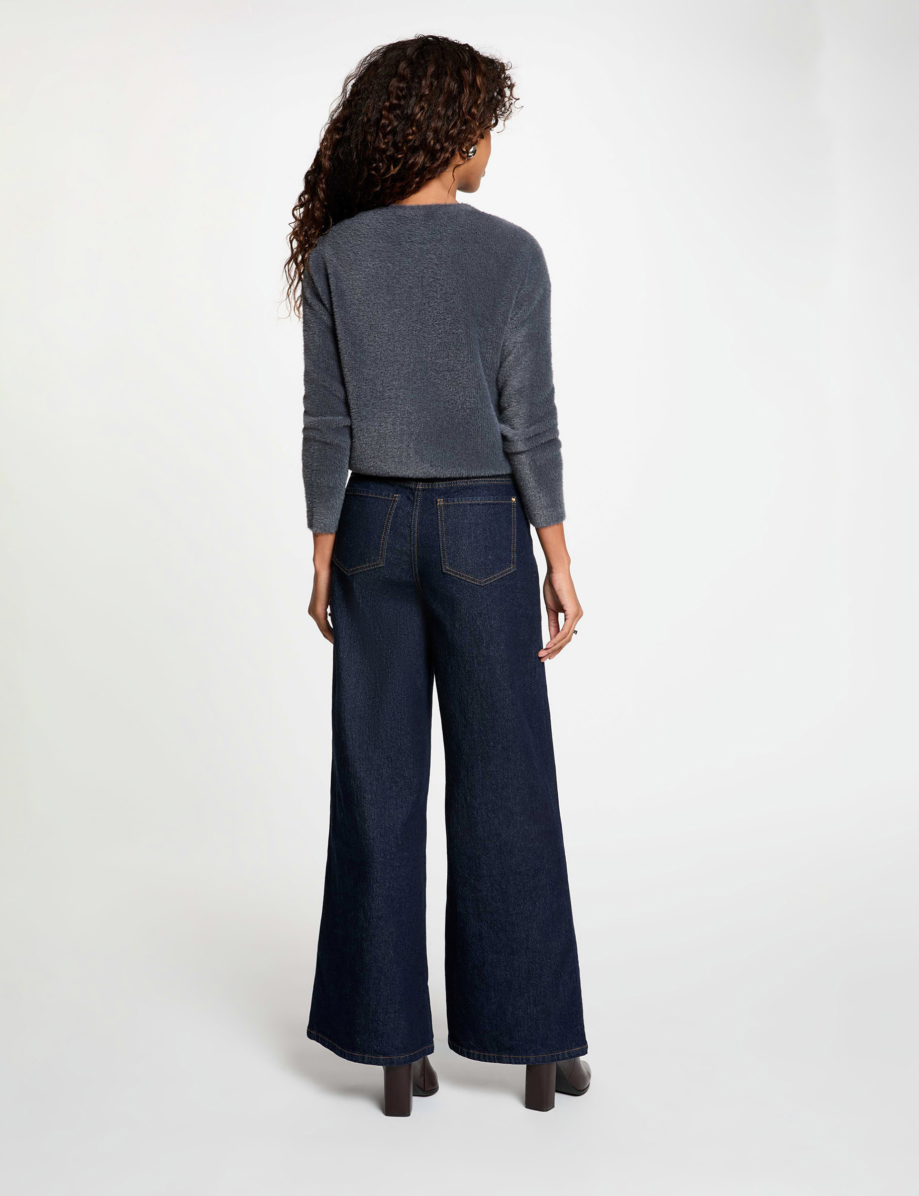 Pull col rond &agrave; boutons denim gris fonce femme