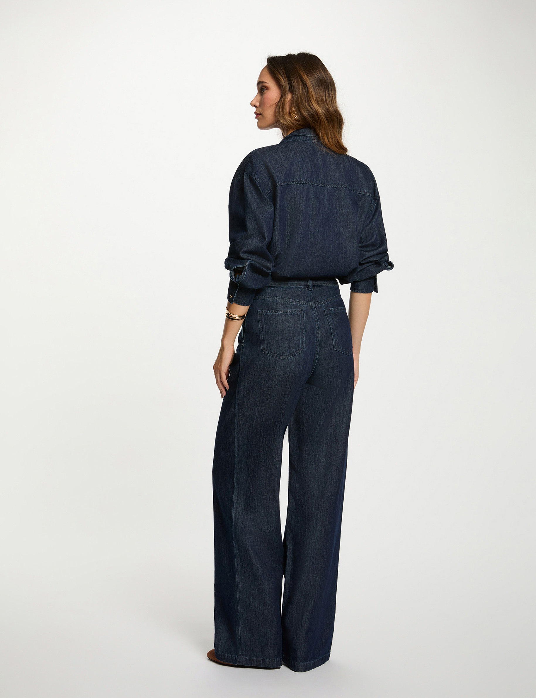 Hoge taille wijde broek ruw denim vrouw