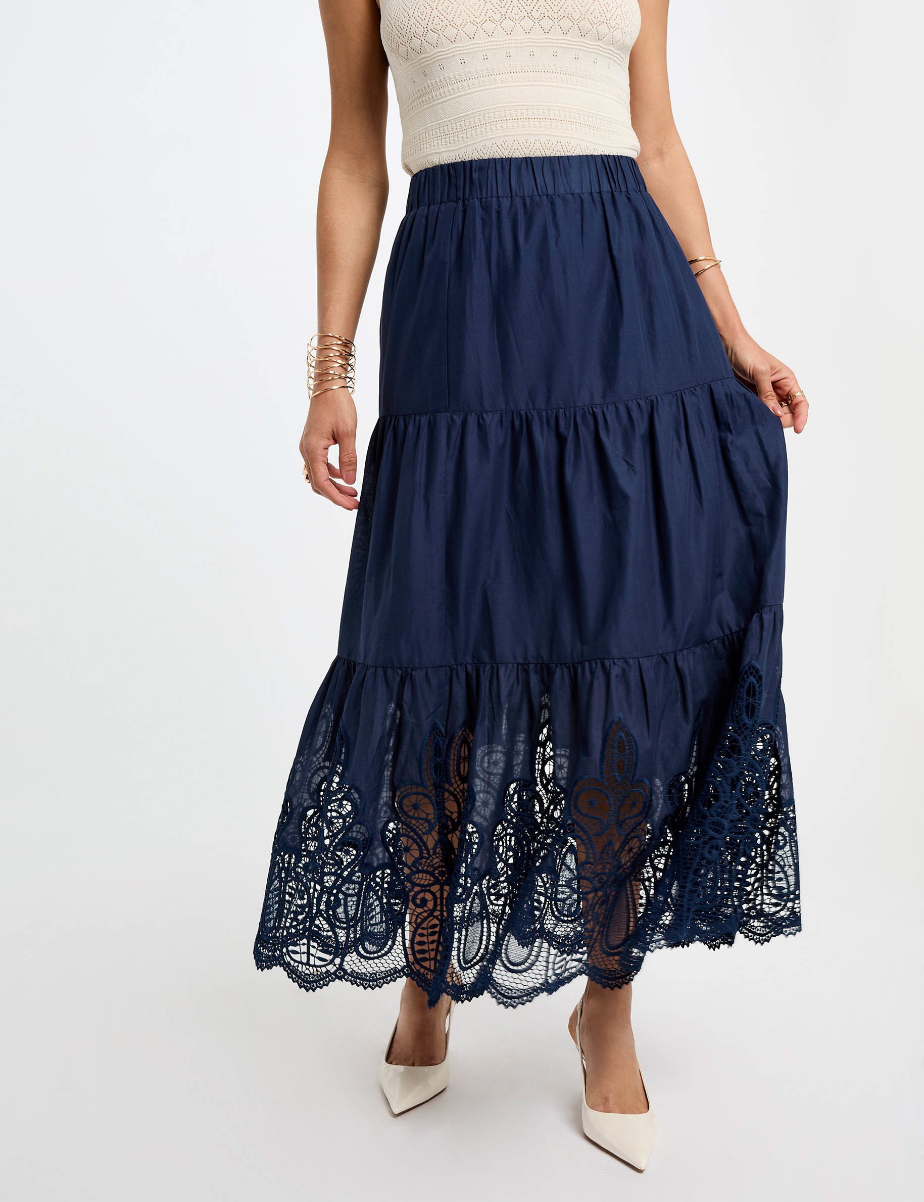 lange rok met kanten details bleu petrole vrouw Lange rok met kanten details bleu pétrole vrouw