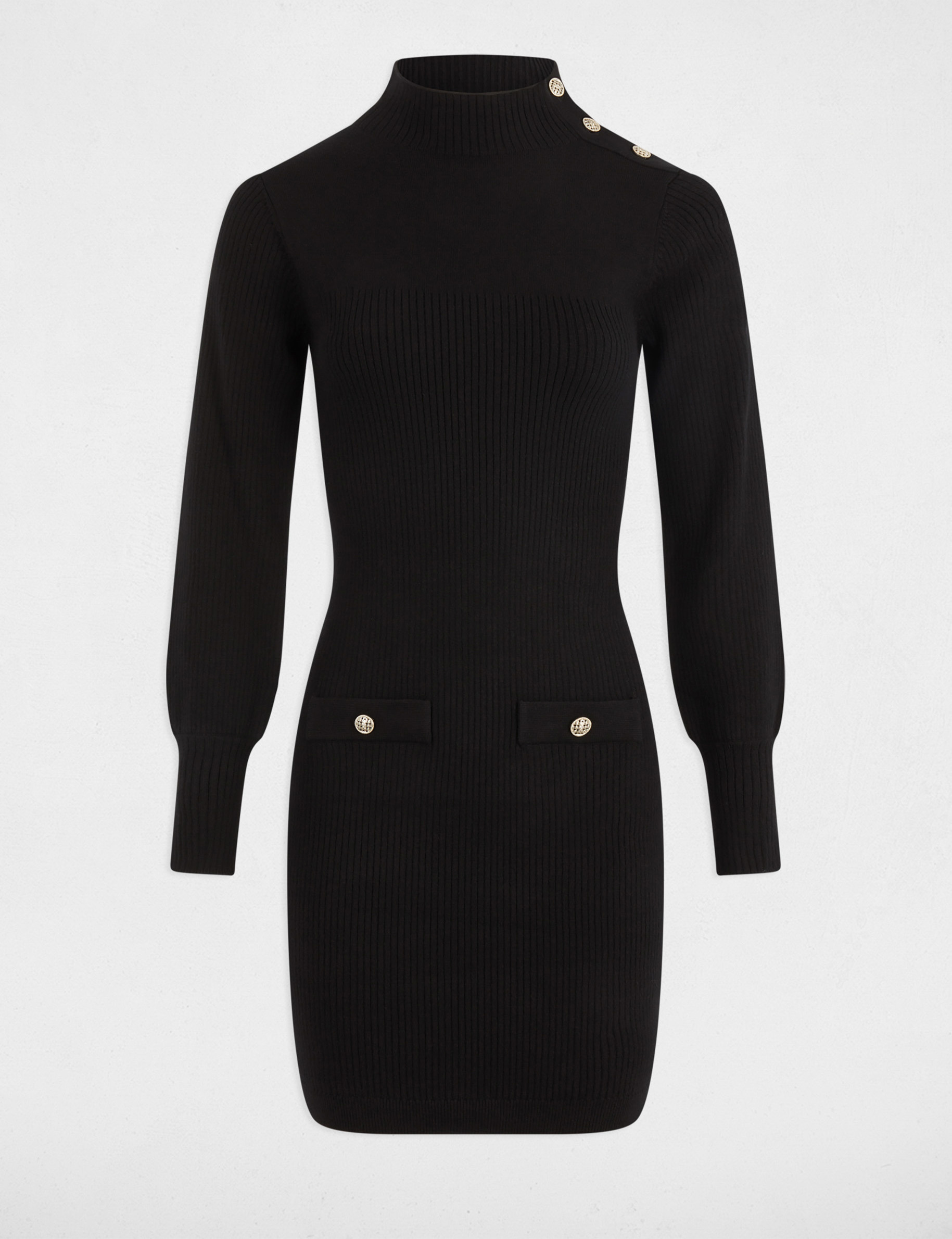 Korte gebreide jurk met col. zwart vrouw