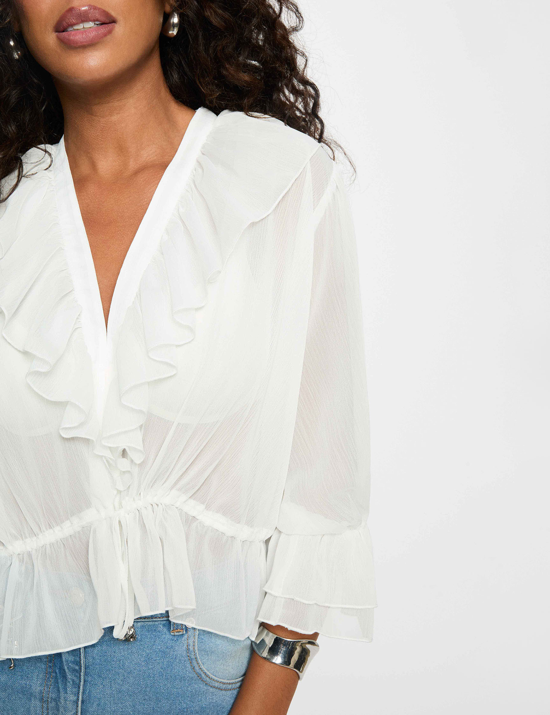 Blouse van voile met V-hals helder wit vrouw