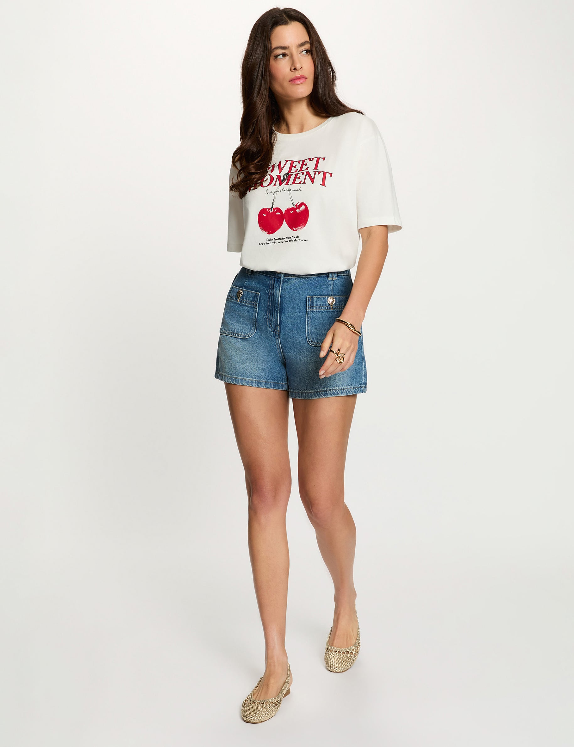 T-shirt met ronde hals en print helder wit vrouw