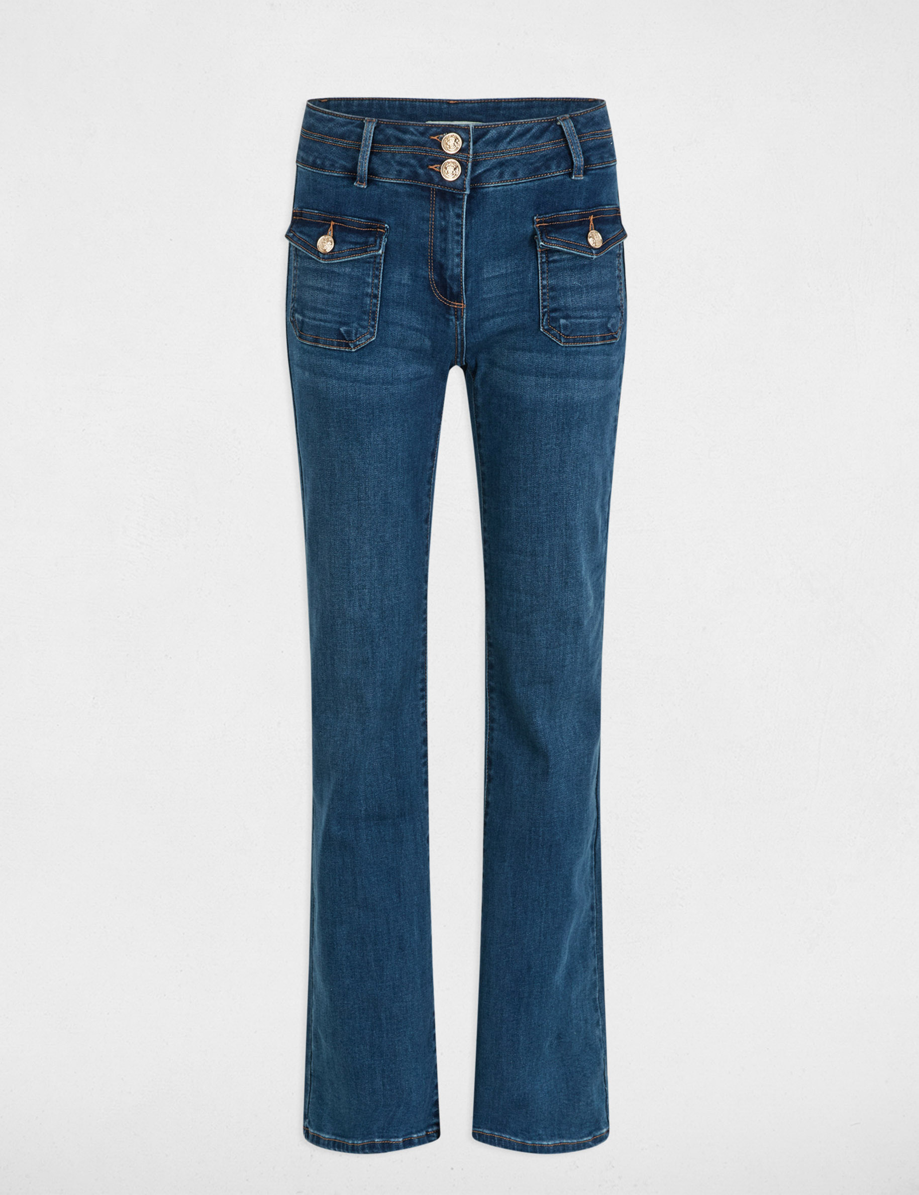 bootcut jeans met knoopzakken stone washed denim vrouw Bootcut jeans met knoopzakken stone washed denim vrouw