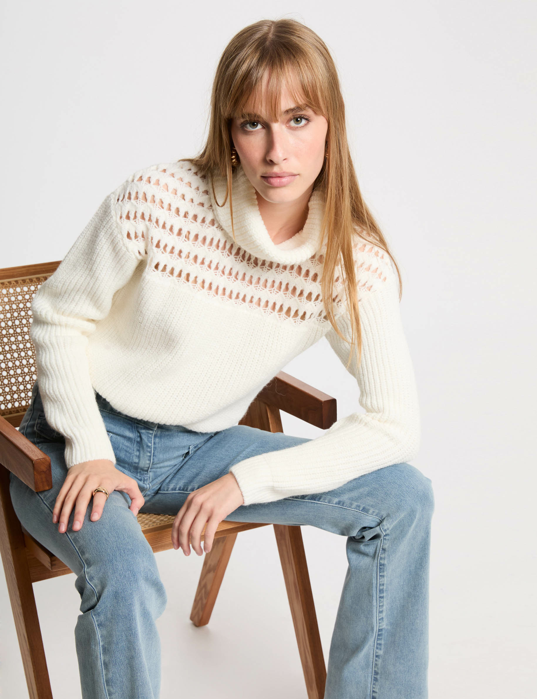 Pull col roulé manches longues ecru femme