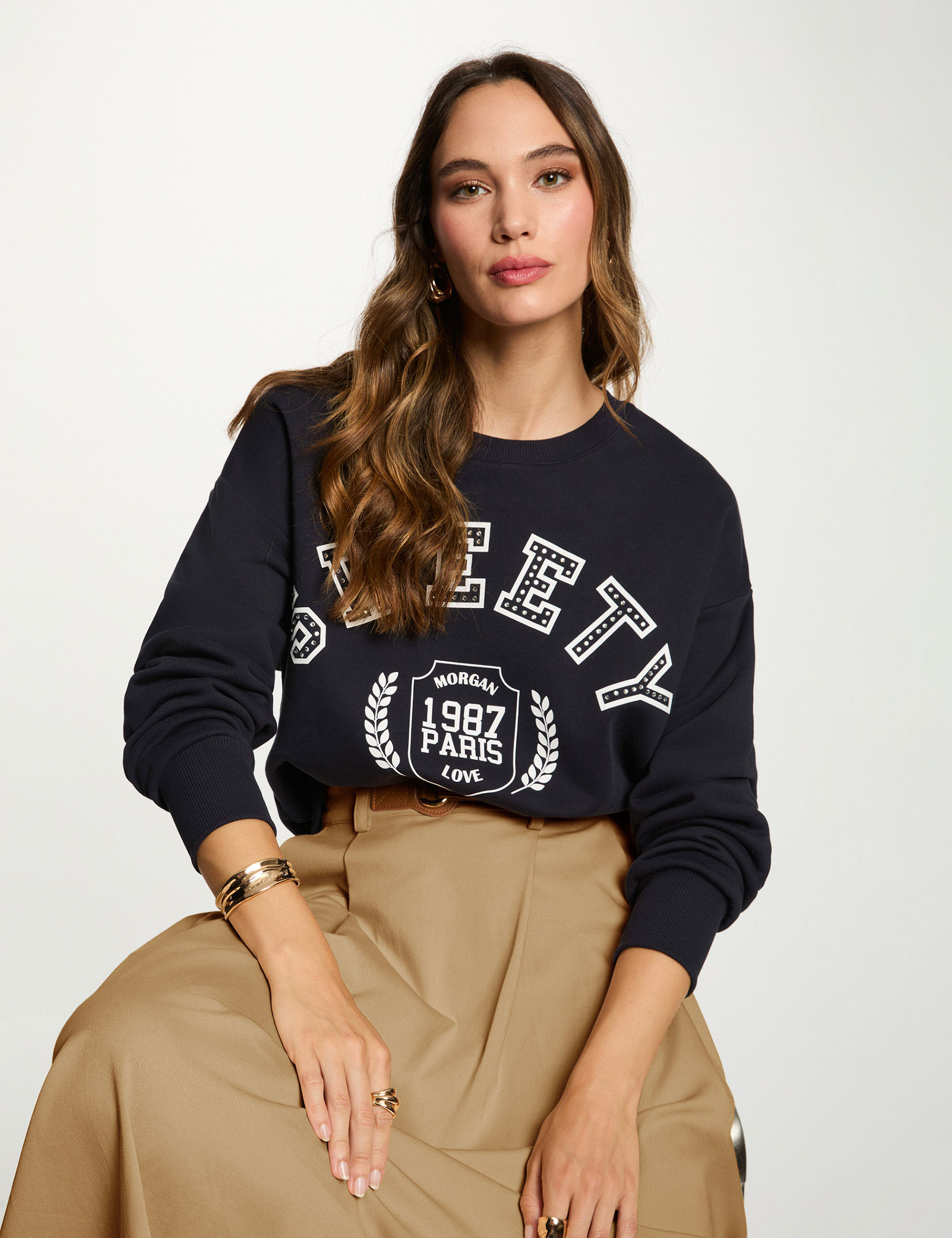 Bedrukte sweater met ronde hals marineblauw vrouw