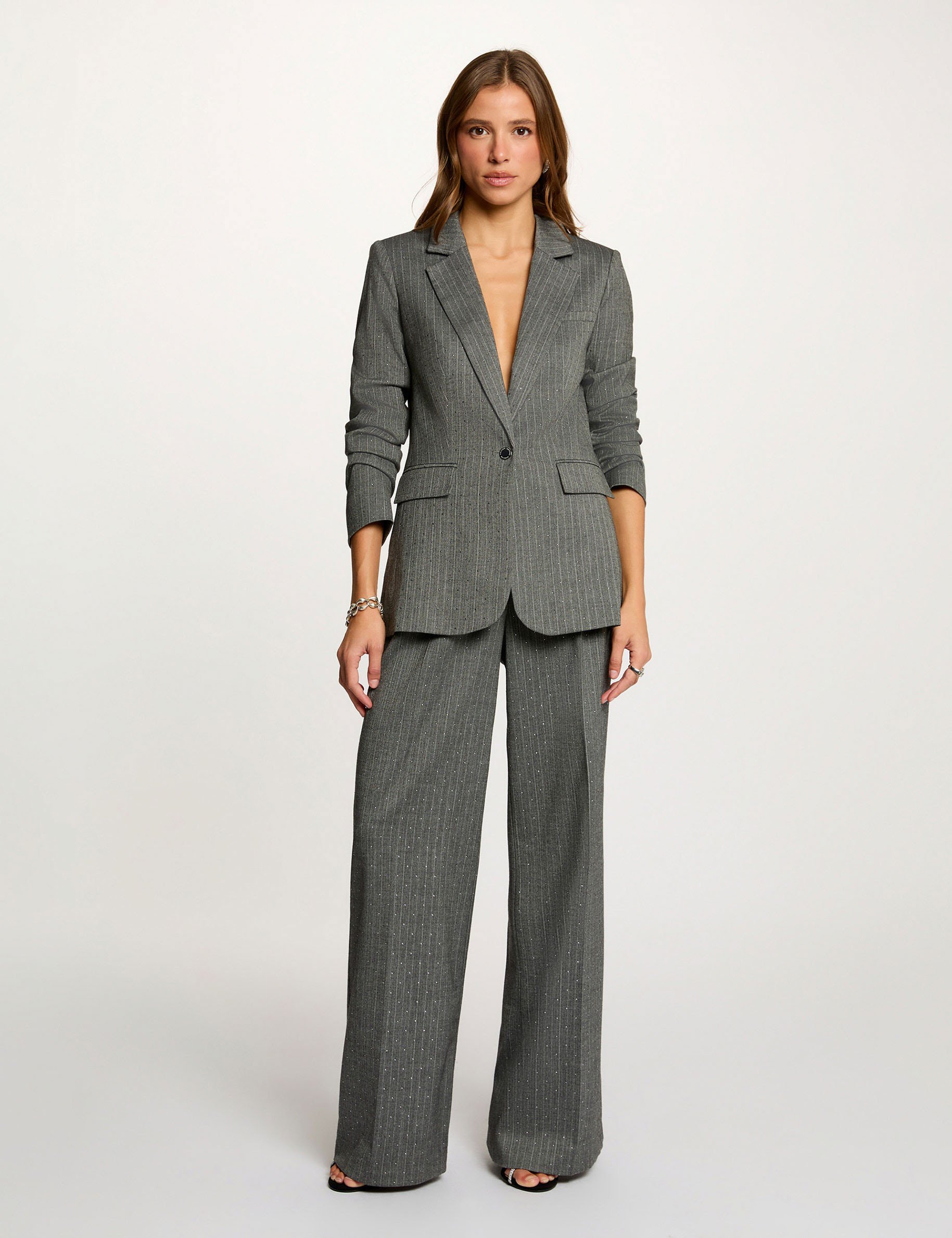 pantalon droit a rayures gris moyen femme Pantalon droit à rayures gris moyen femme